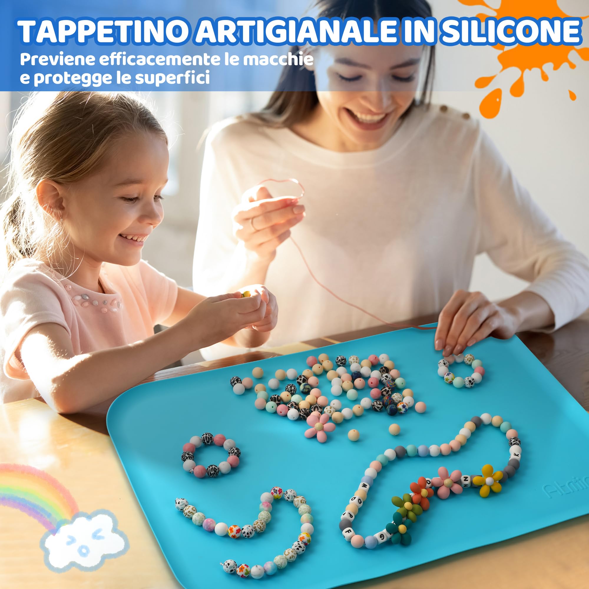 AtMini Tappetino in silicone grande 60x40 cm per artigianato, sabbia, pittura, resina, gioielli fatti a mano, disegno, multiuso con bordi rialzati (blu)