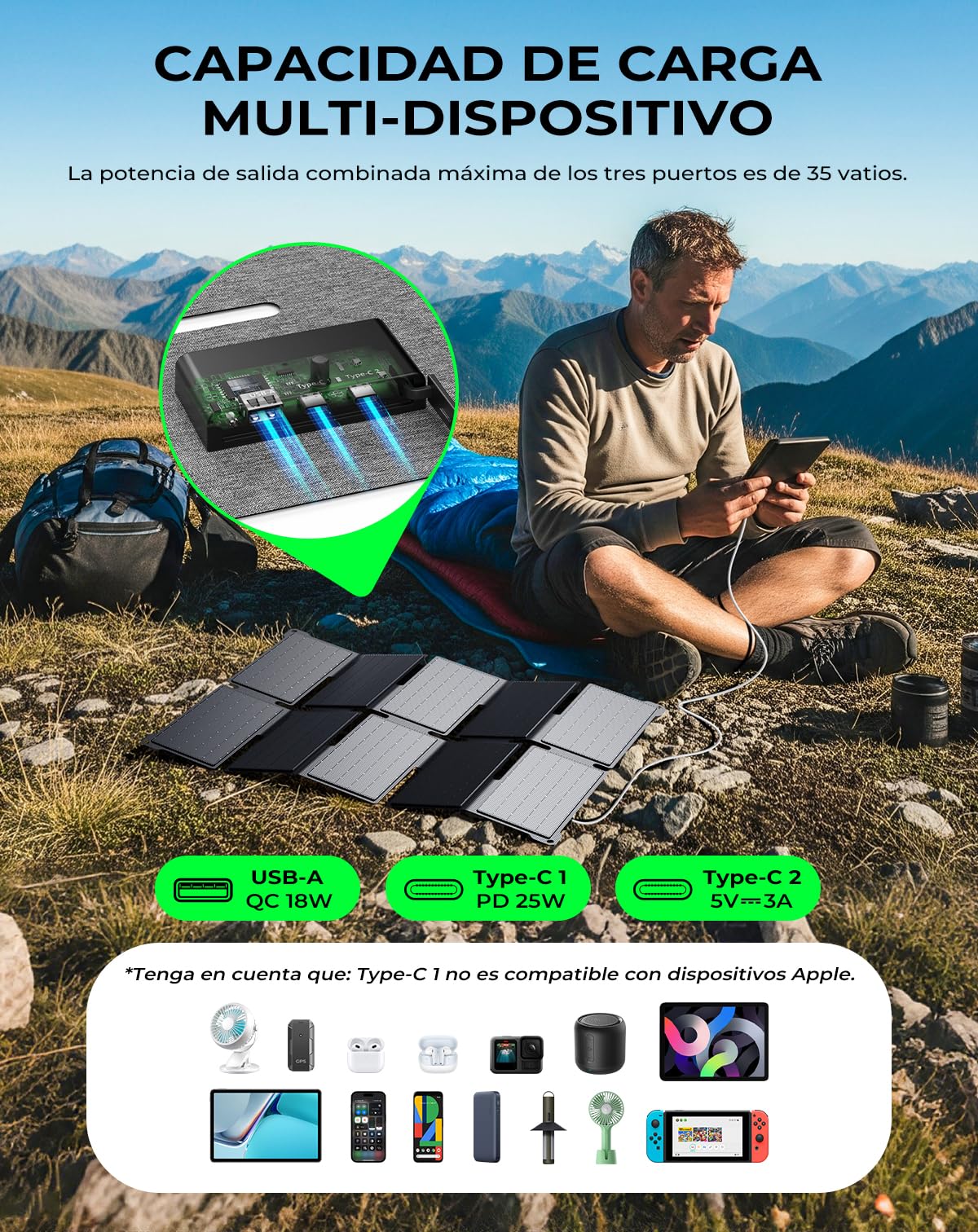 BigBlue Cargador Solar Portátil 35W con Carga Rápida USB-A y PD 25W USB-C, Impermeable IP68, Plegable para iPhone/Android/iPad