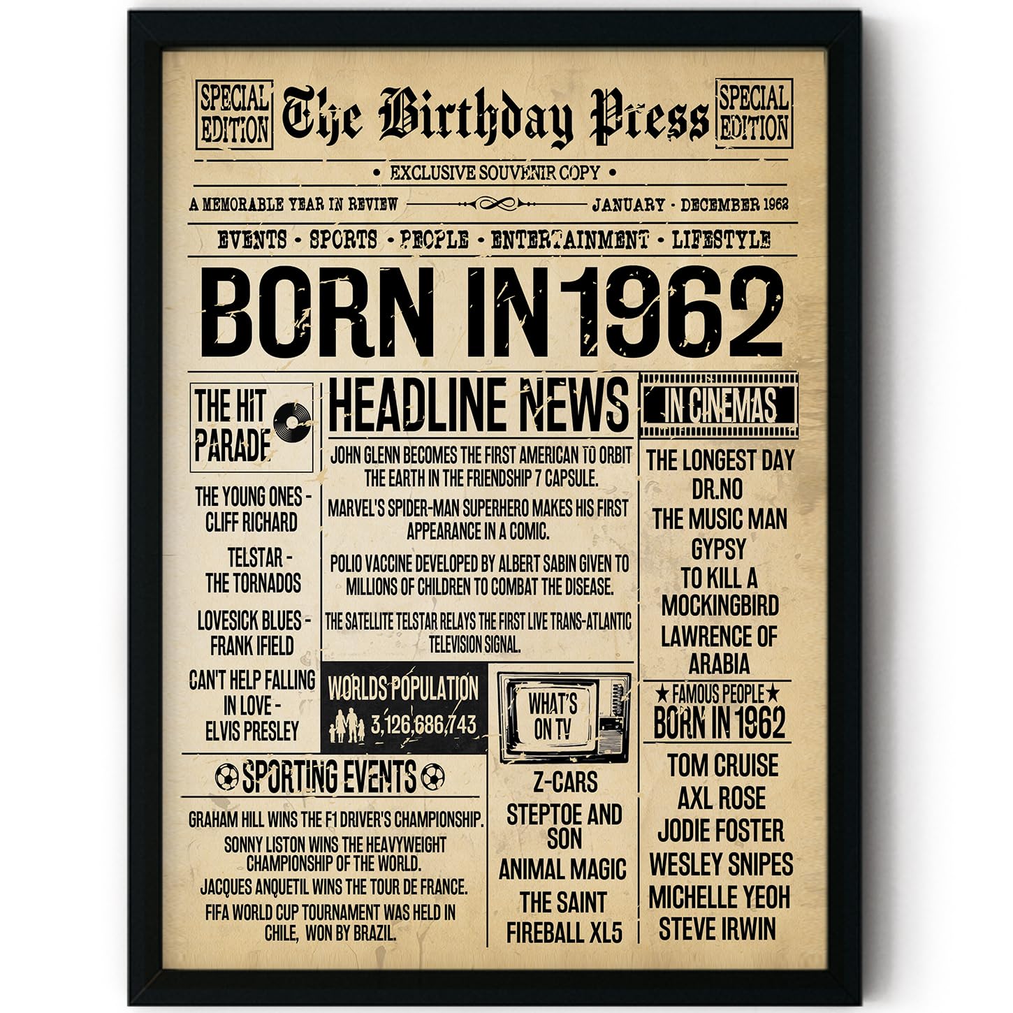 Stuff4 64th Birthday Poster Framed - Born In 1962 Vintage Newspaper - Happy 64th Birthday Gifts for Women Men Retro Back In 1962, 8x10 Inch Decor Decoration Bday Party