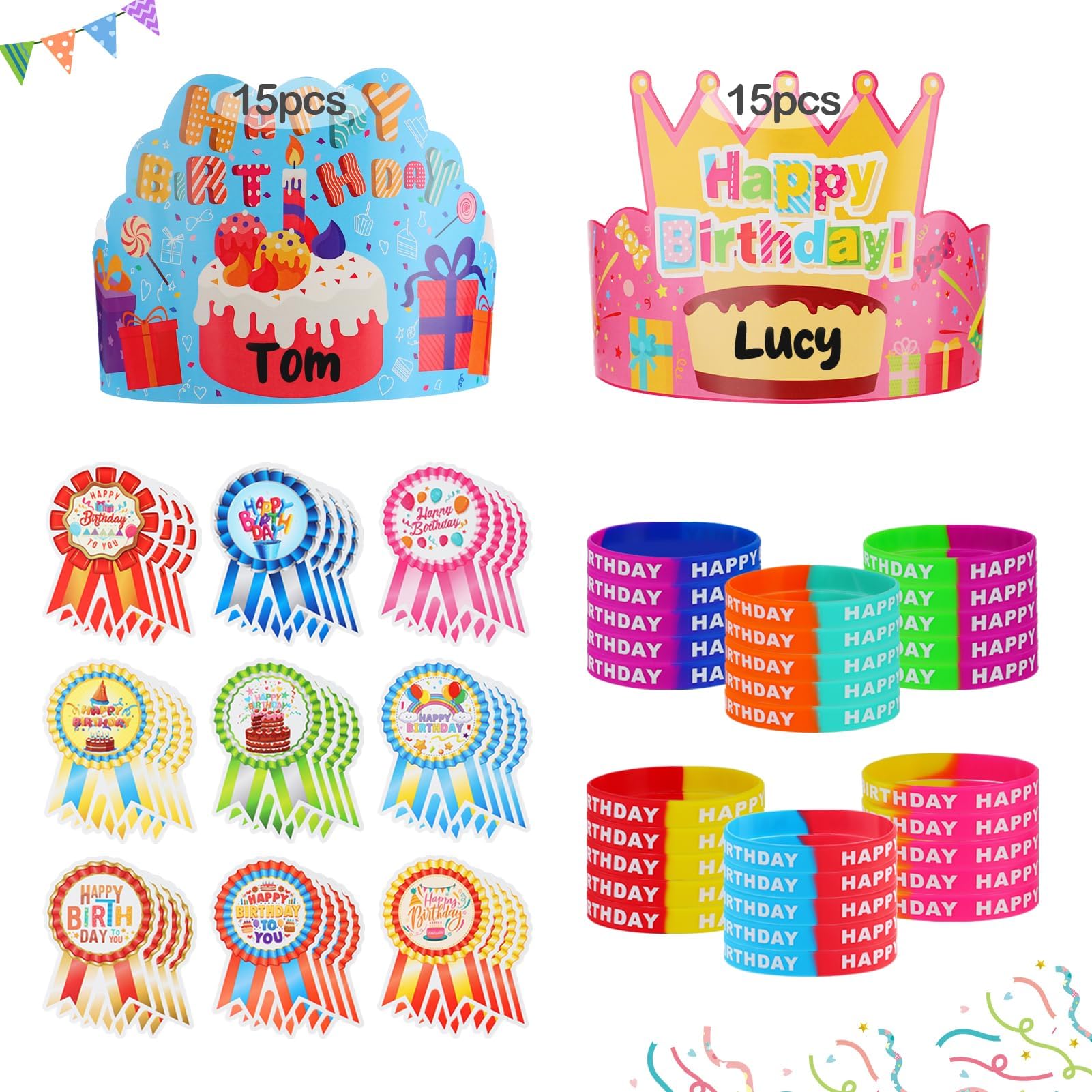96 Pcs Happy Birthday Kits for Kids Classroom - Include Adjustable Birthday Crowns, Silicone Stretches and Badge Stickers, Party Supplies for Kindergarten School, Student Gifts from Teacher