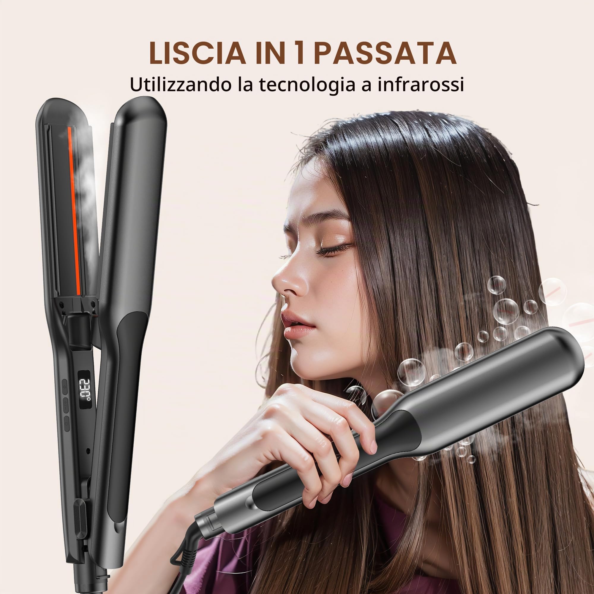 UKLISS Piastra lisciante a vapore larga con display LCD, piastra per capelli ultra lisci, regolazione della temperatura 100 – 230 °C, lisciatura estrema con protezione dei capelli