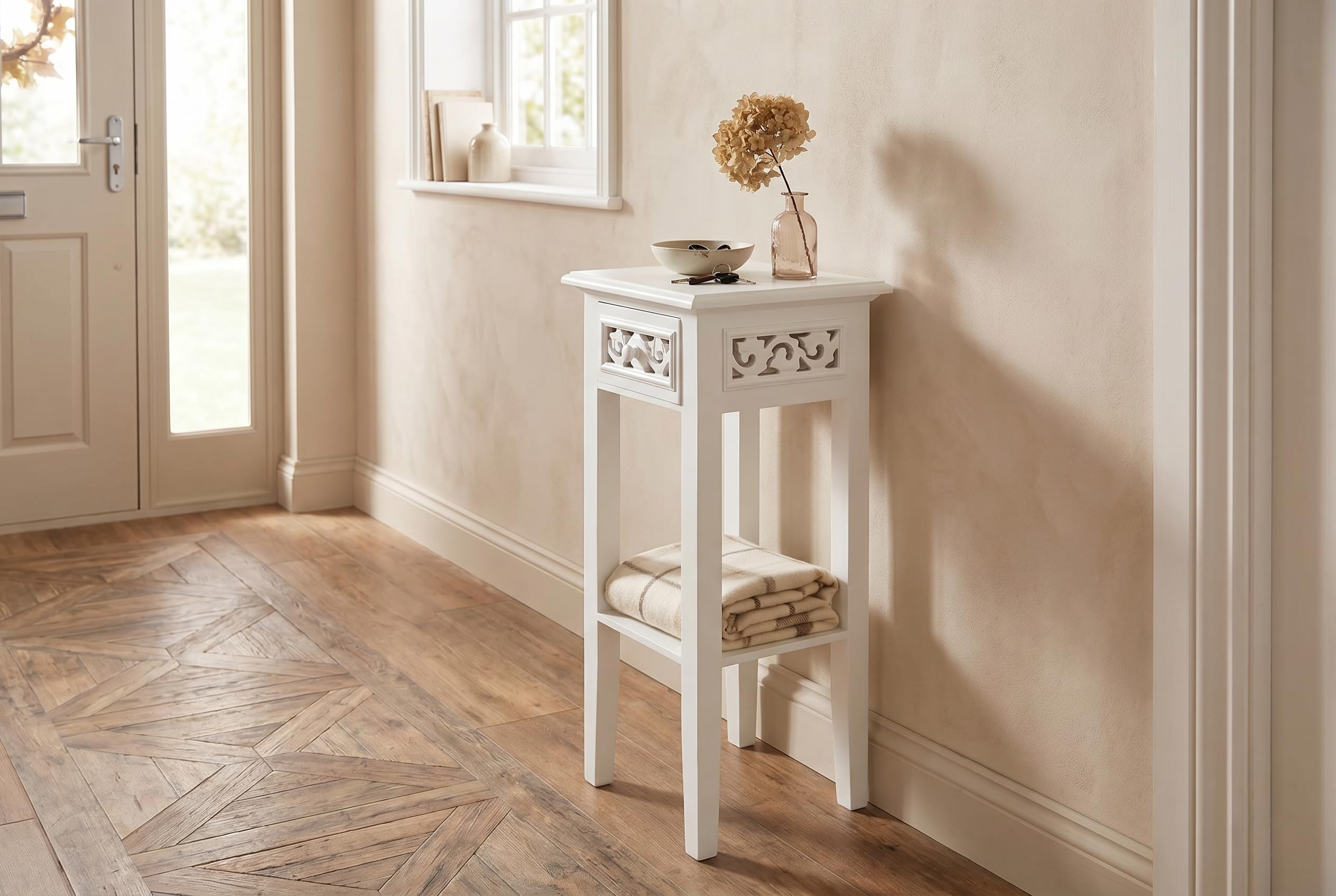 elbmöbel Telefontisch Ablage in Shabby Chic Design | Holz Beistelltisch mit Schublade ideal für Flur und Eingangsbereich | Landhaus Vintage Nachttisch | H67 x B25 x T25 cm Weiß