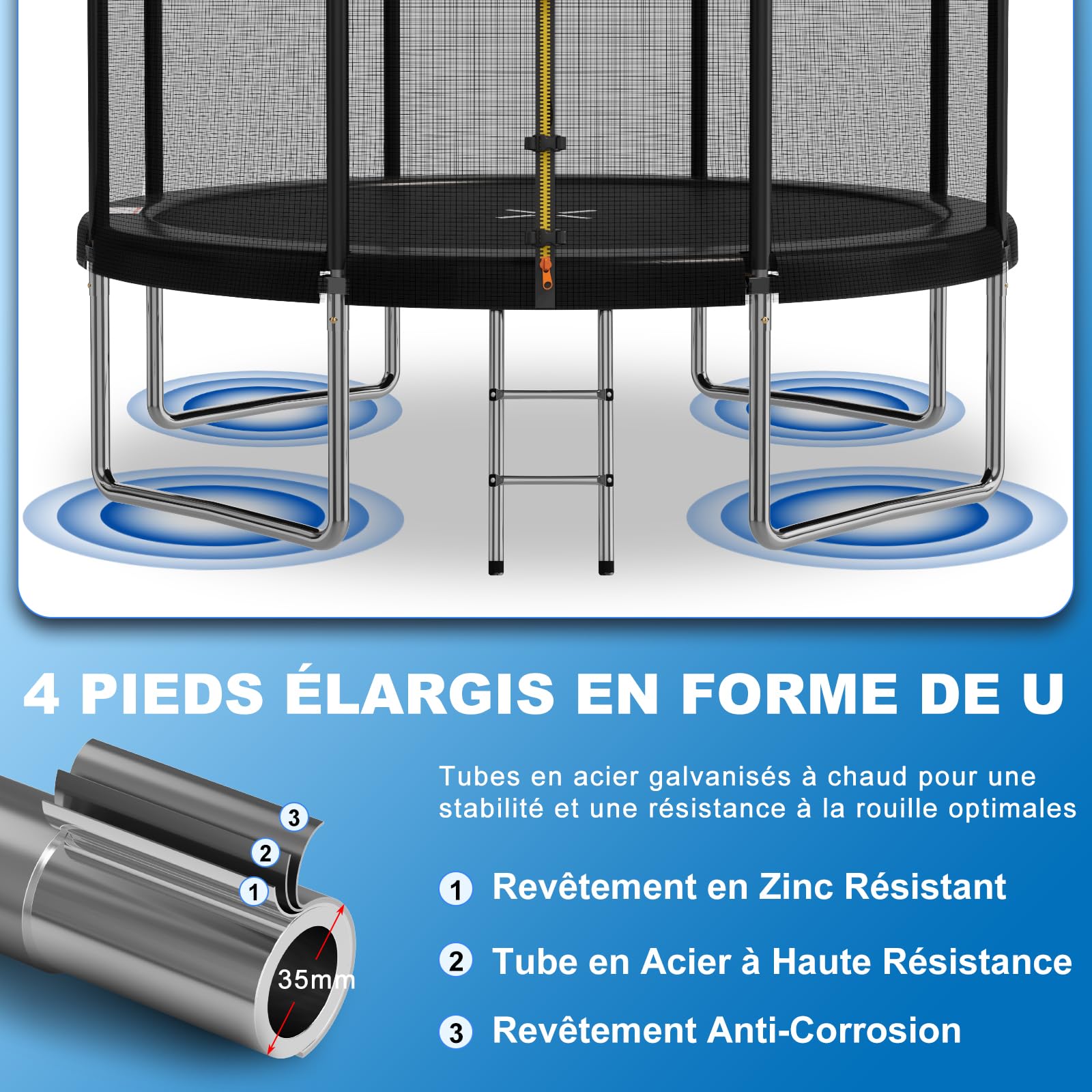 Devoko Trampoline Extérieur Ø183-427cm, Trampoline de Jardin Robuste, Cadre en Acier Galvanisé