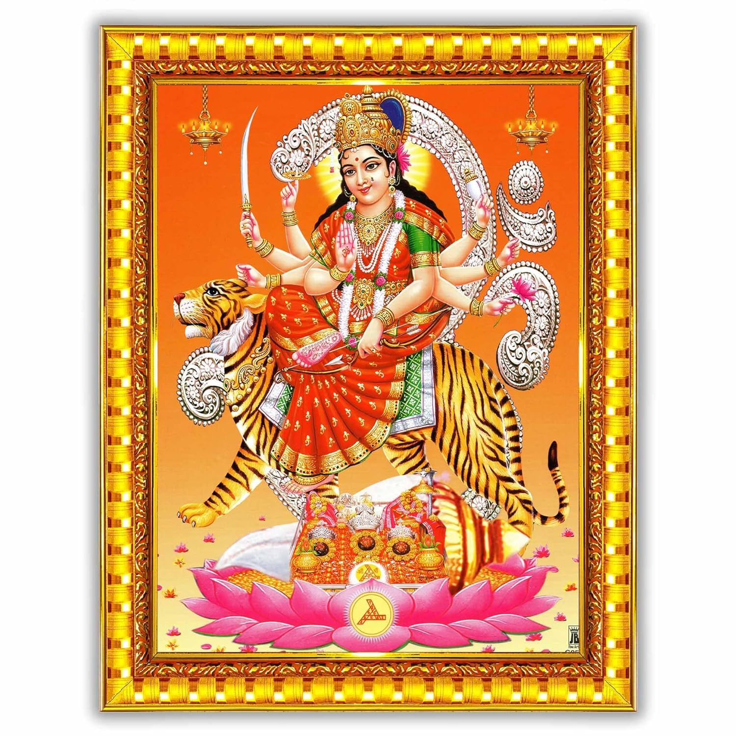 Indianstore4Everyone Durga Maa Mata Devi Goddess Sherawali Ji Ambe Wall Painting Framed Home Decor (Wood,Matte,Gold,Small Size,6 x 8 Inch) R1182S
