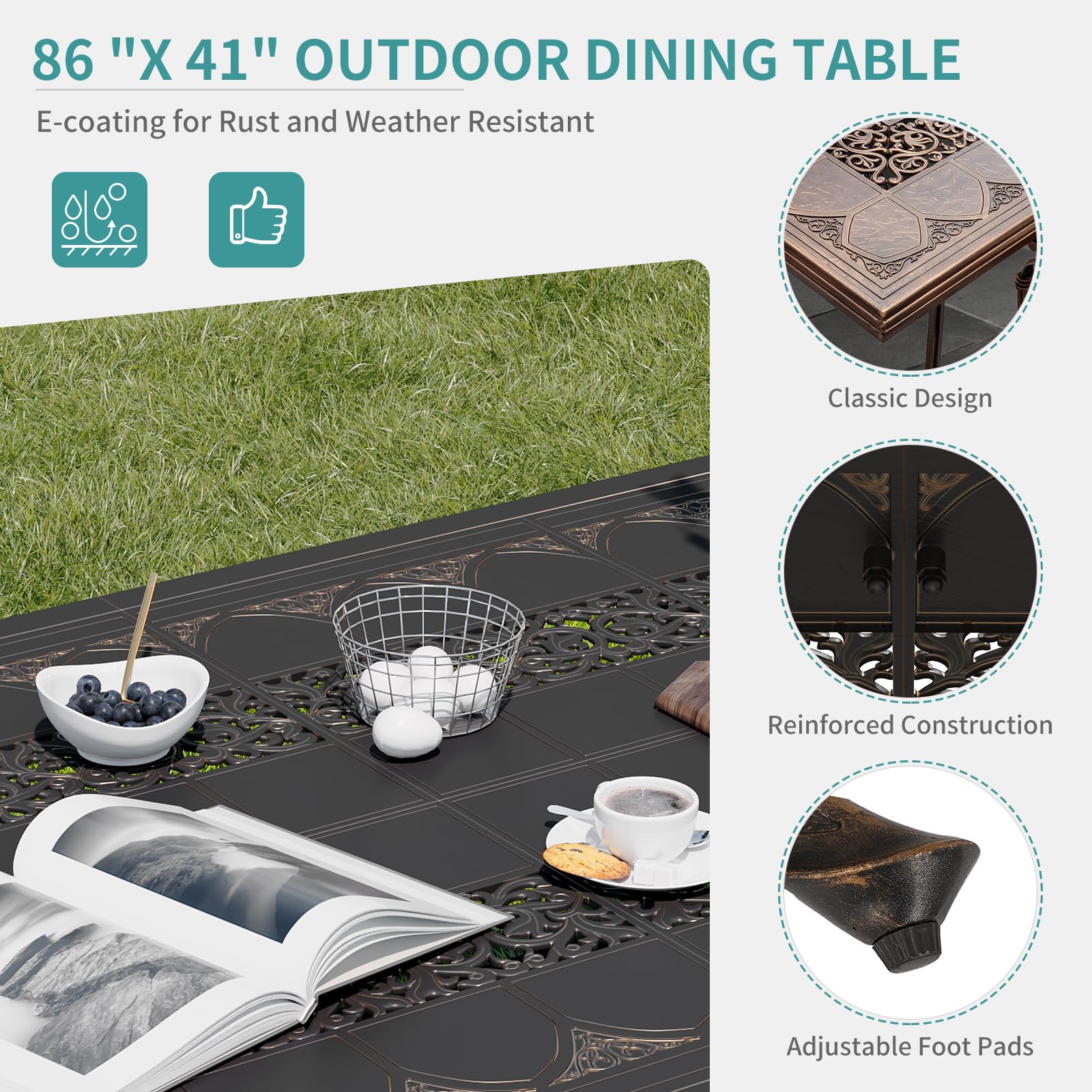 Mesa de comedor al aire libre de aluminio fundido, mesa de comedor de patio de 86.6 pulgadas con almohadillas ajustables para los pies, para jardín, patio trasero, cubierta, bronce oscuro 4