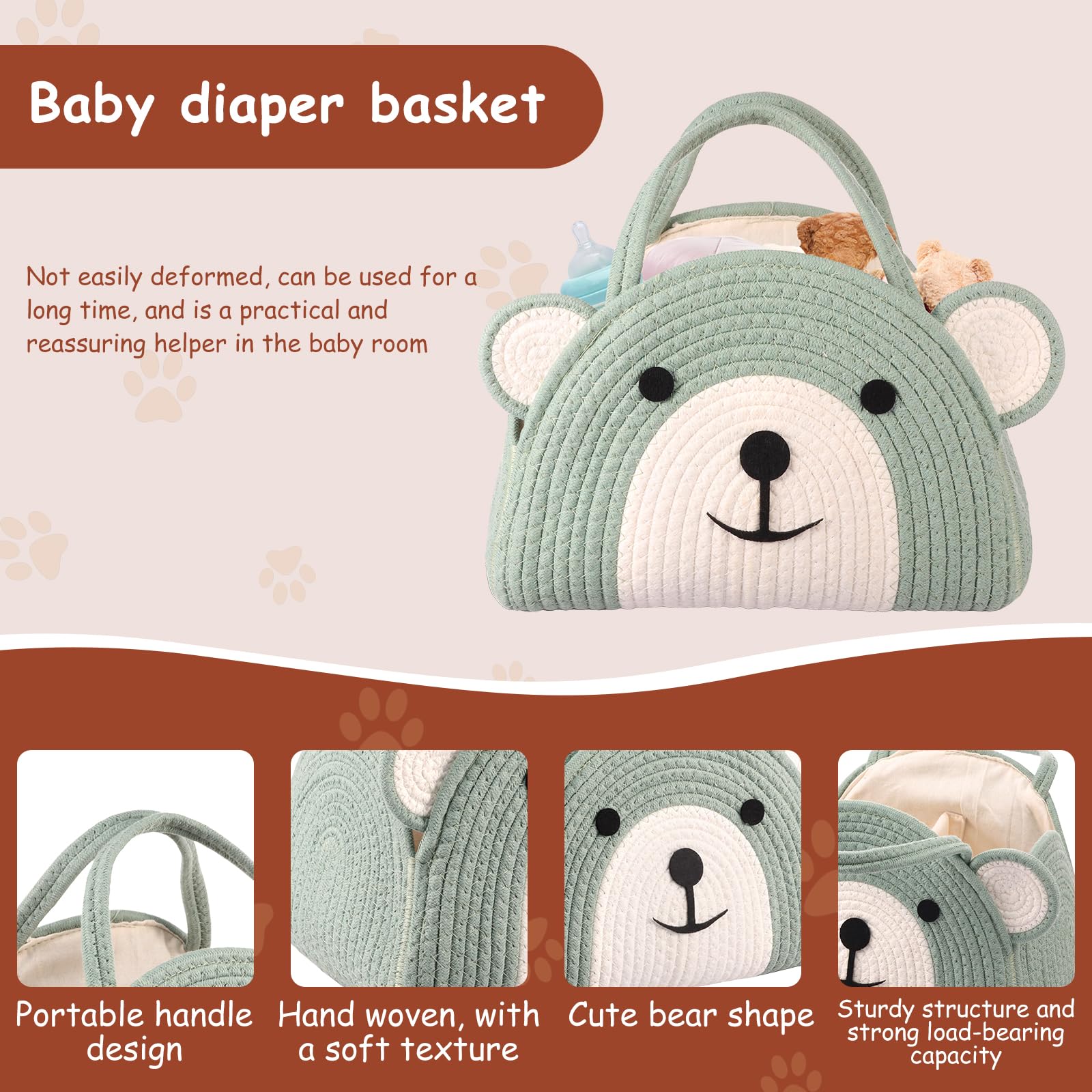 Baby Nappy Caddy Organiser, Portable Cotton Rope Woven Diaper Caddy, Portable Nursery Baby Caddys Storage Basket - Image 3