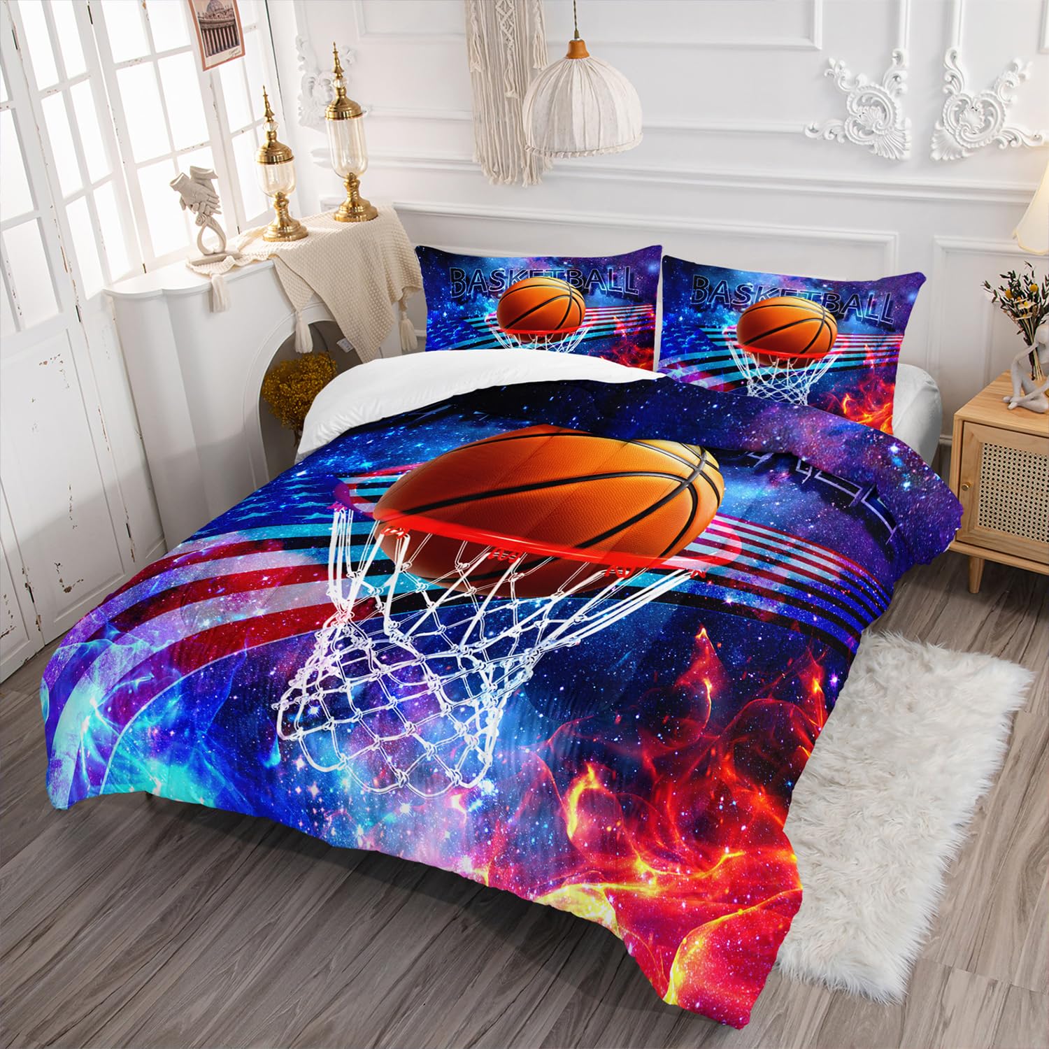 AILONEN 3D Basketball Comforter Set Queen Size, Fire Galaxy Soccer Ball Boys Bedding Set,American Flag Bed in a Bag,Basketball Frames Duvet Set,1 Quilt and 2 Pillowcases,3 PCS,Soft Microfiber