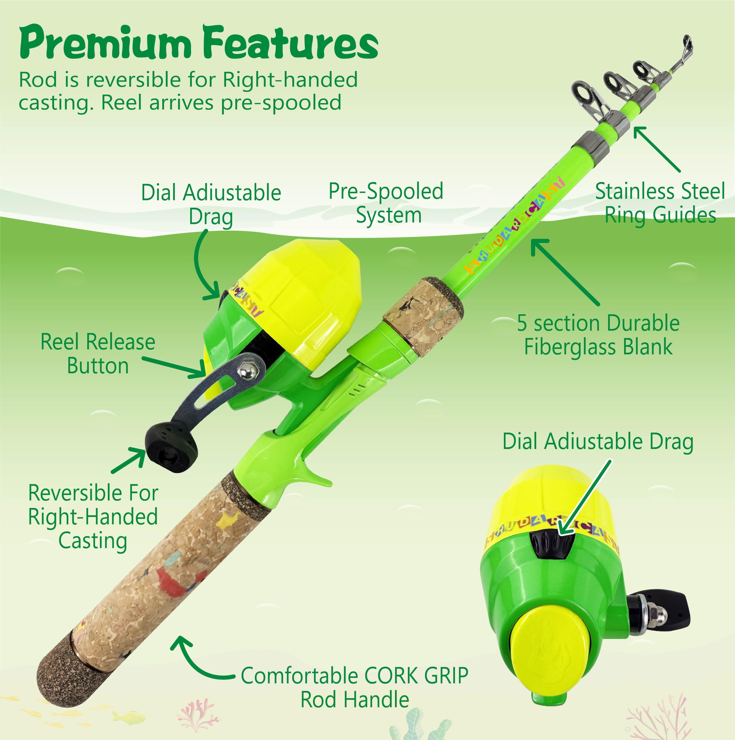 Juego de caña de pescar para niños, combo de caña de pescar y carrete y caja de aparejos de red de pesca con anzuelos de pesca y bolsa para niños, niñas, jóvenes, principiantes, mayores de