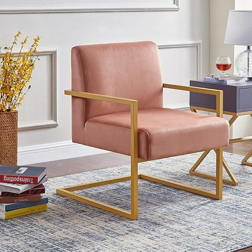 24KF Cómoda silla decorativa de moda, cojín de terciopelo y brazo cuadrado de metal dorado, color negro