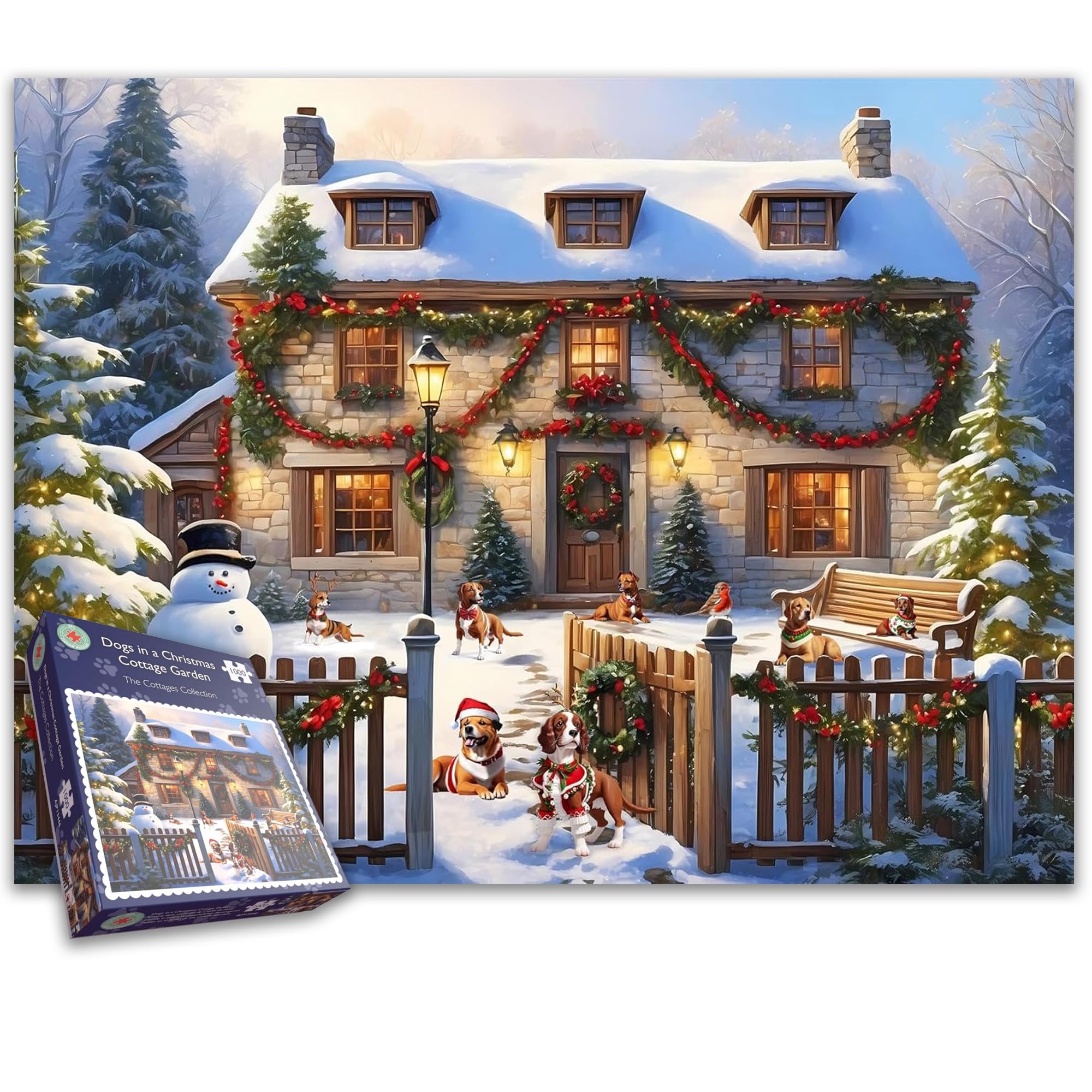 Dogs in a Christmas Cottage Garden With Snow 500 & 1000 Piece Festive Jigsaw Puzzle For Adults - Family Fun Games For Xmas - Made In Britain Size 66 x 50cm (1000 Piece)