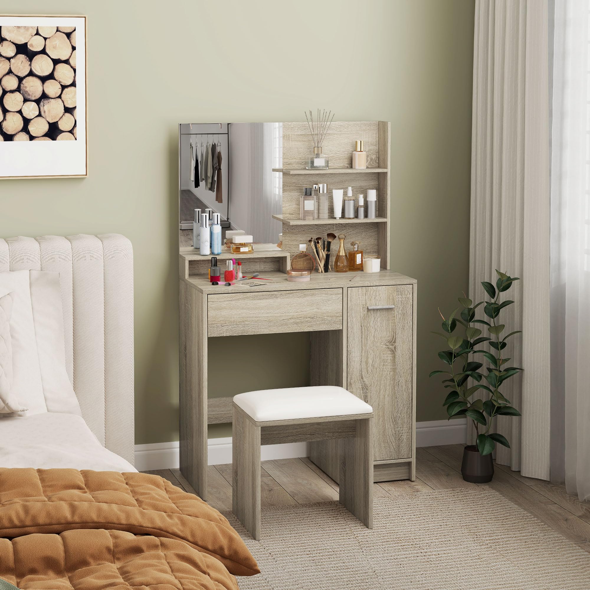 HOMCOM Tocador de Maquillaje con Taburete, Tocador con Espejo, Estantes Abiertos, Cajón y Estante Ajustable, Anti-vuelco, para Dormitorio, Salón y Vestidor, Natural