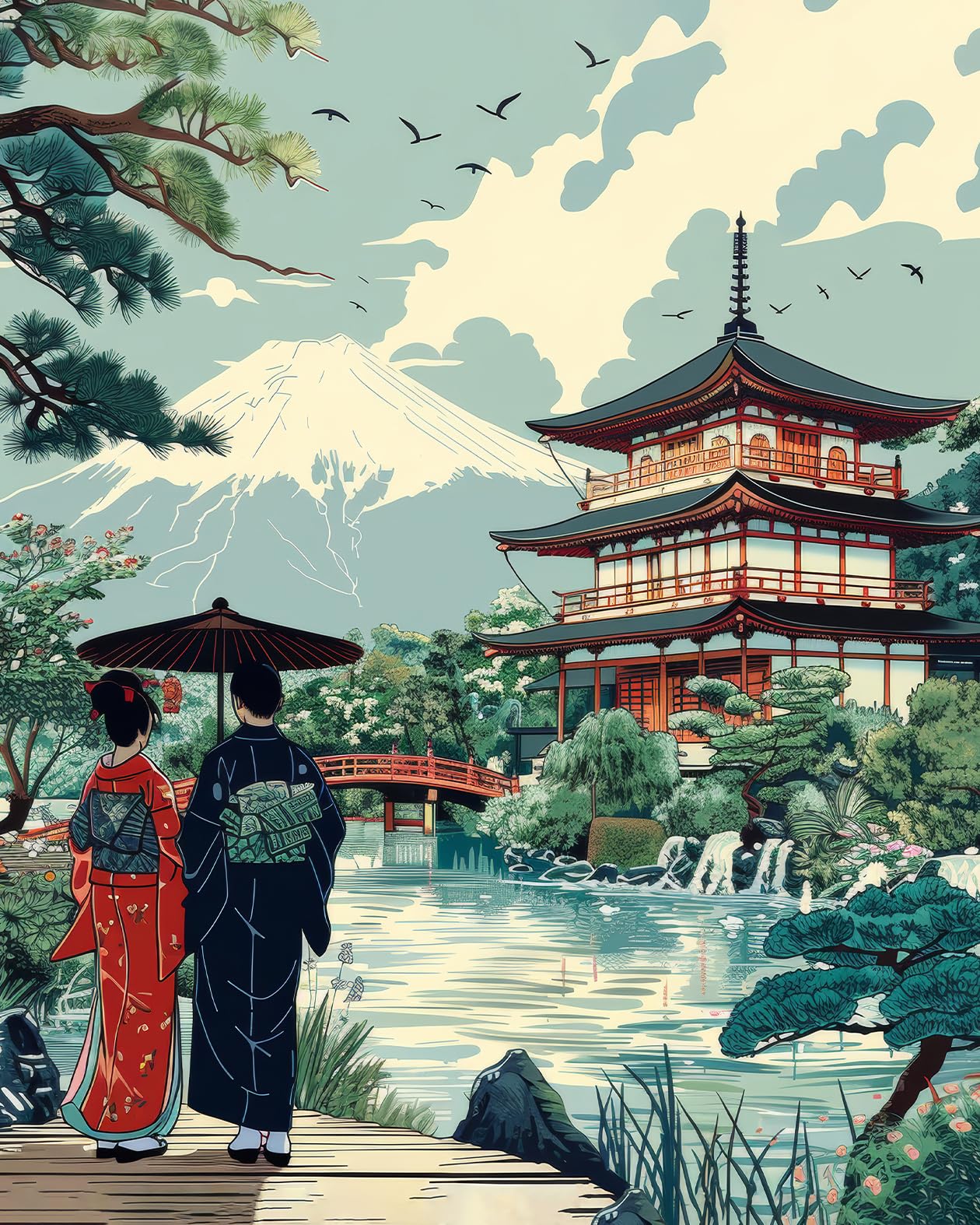 TISHIRON Paint by Numbers Kit for Adults, Adult Paint by Number Kits - Japanese Ukiyo-e Edo Period Landscape, Traditional Nature & Life Scene Painting on Canvas, DIY Cultural Wall Art(16x20 inch)