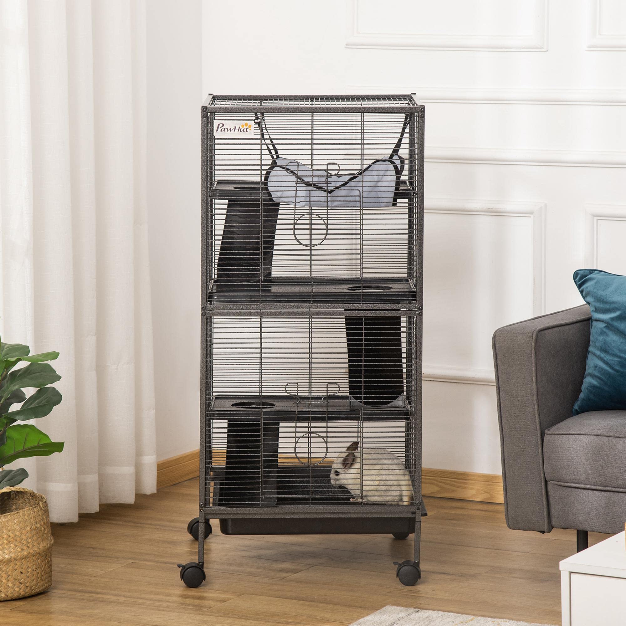 PawHut Jaula para Animales Pequeños de 4 Niveles Jaula para Roedores con Ruedas 2 Puertas 3 Rampas Hamaca Colgante y Bandeja Extraíble para Chinchillas 52x52x113,5 cm Gris Plateado