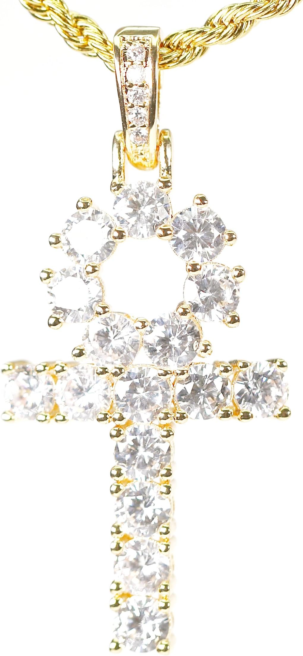 Iced Out Lab Diamond Gold Ankh Cross Pendant Necklace