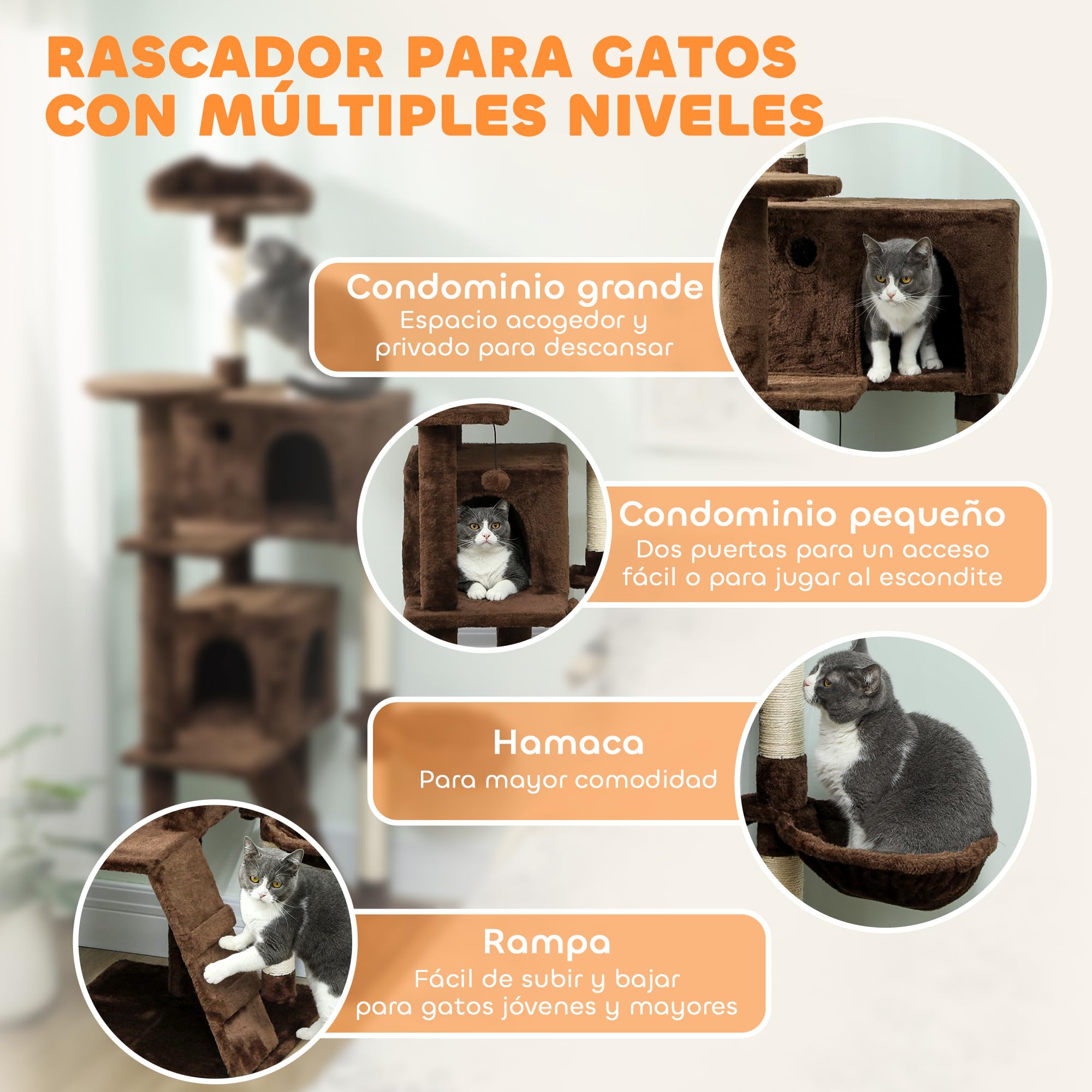 PawHut Arbre à Chat griffoir avec Tour d'escalade 180 cm Marron | Arbre à chat, plateformes multiples, lit, 2 grottes, hamac, échelle, poteaux en sisal, balles de jeu