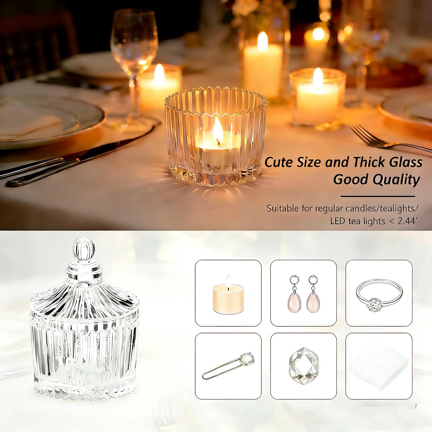 Votive Candle Holders with Lids, Clear Glass Small Tealight Candle Holders Bulk for Table Centerpiece, Wedding, Home Decor (2.68'' x 1.65'')
