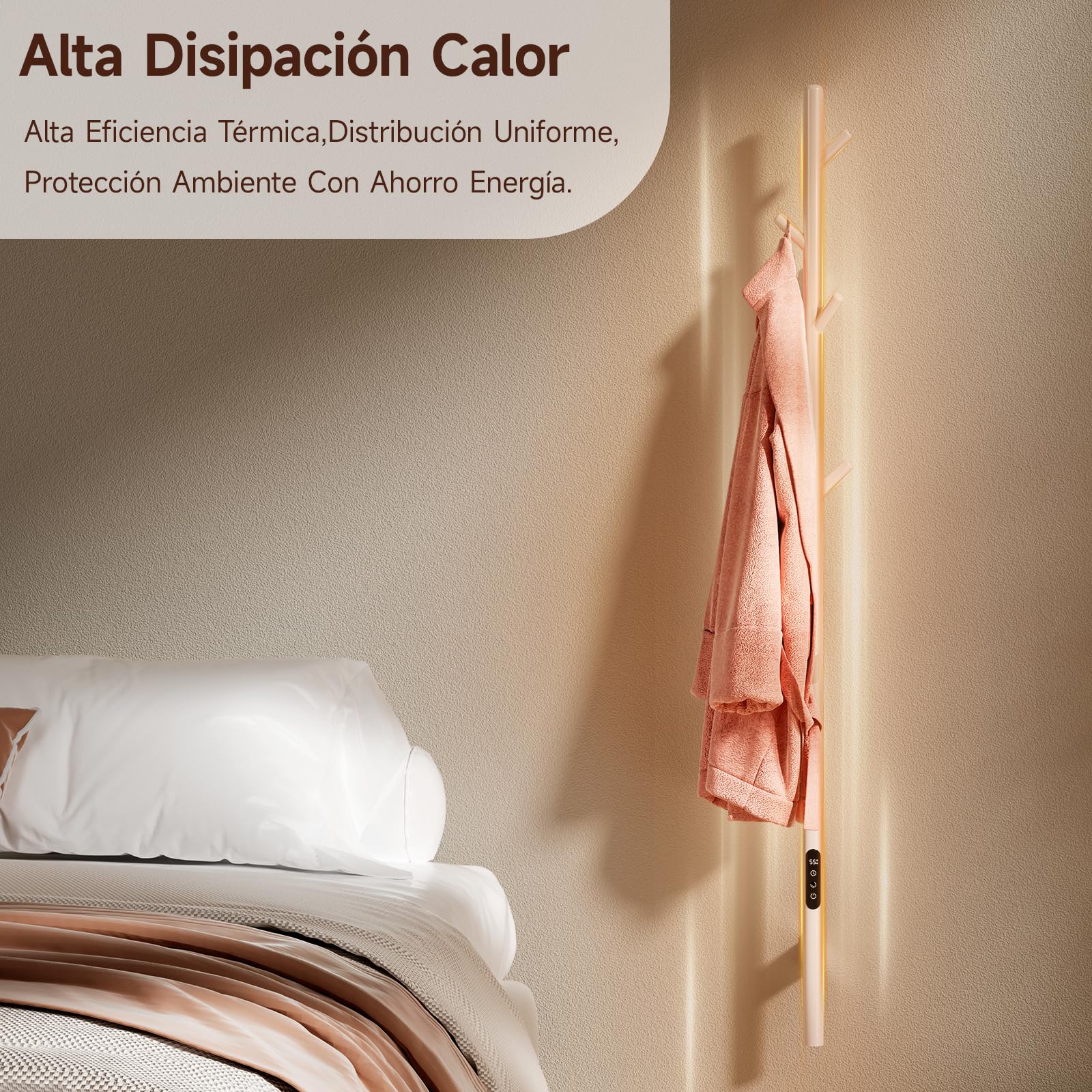 Radiador Toallero Eléctrico,Toallero calefactable Blanco,153cm Radiador eléctrico una sola varilla inteligente WIFI,con pantalla LED, Temporizador y 7 ganchos,Bajo Consumo De Energía Towel Warmer