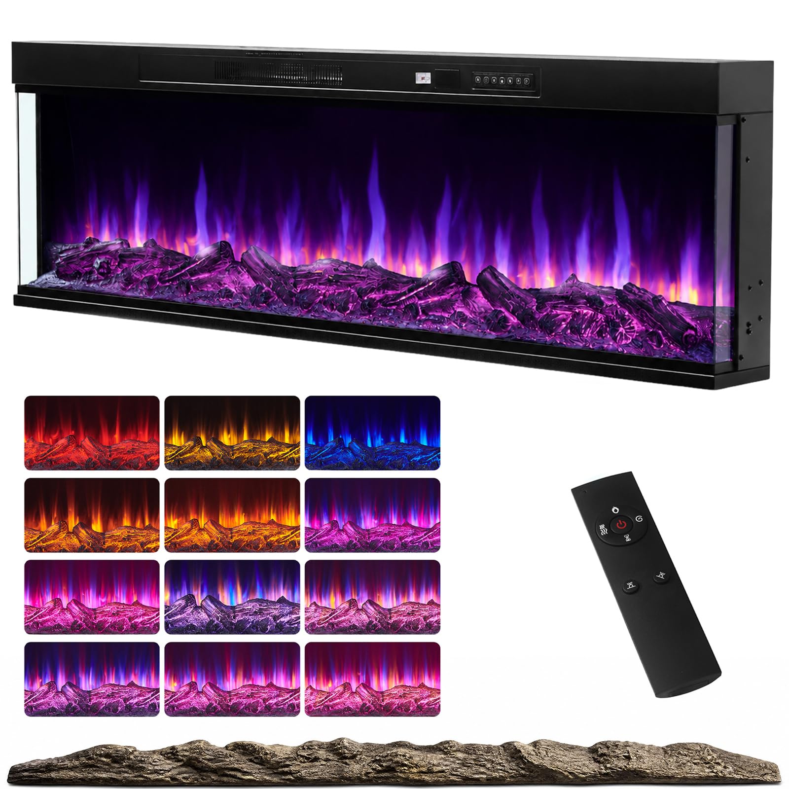 50" Electric Fireplace 3-Sided Panoramic Electric Fireplace Heater Recessed/Freestanding Electric Fireplace with 12 Colors Flame 3D Media Wall Electric Fireplace Overheat Protection & Child Lock