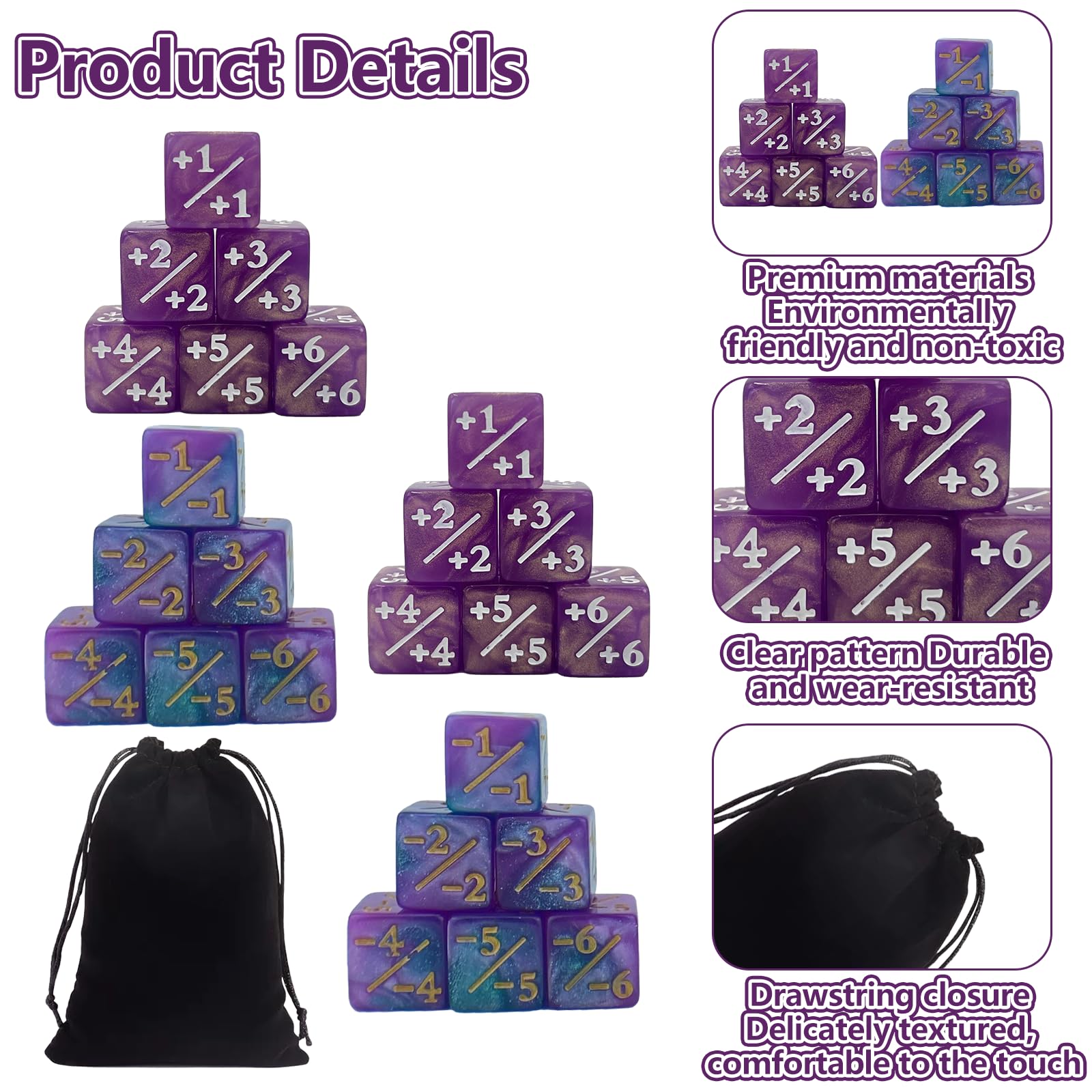 Juhuifu 24 Pcs Magic Life Counter Dice, ±1/±6 Counters, Six-Sided Dice, Compatible with Commander Deck CCG MTG TCG - Image 3