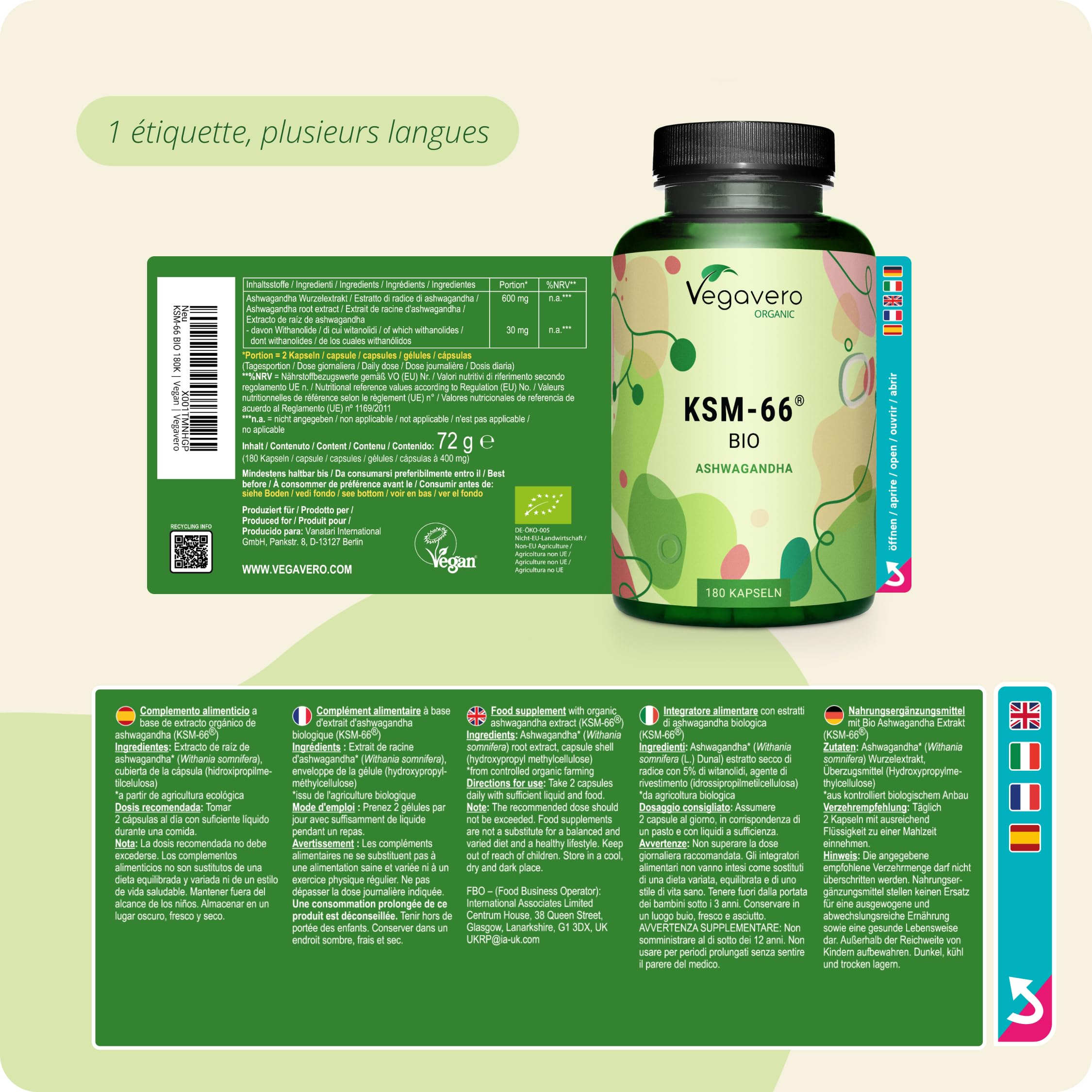 Ashwagandha KSM-66® BIO | Dosage Elevé : 600 mg | 3 MOIS | Anti Stress + Sommeil | 5% Withanolides | BIOLOGIQUE et VEGAN | Vegavero®