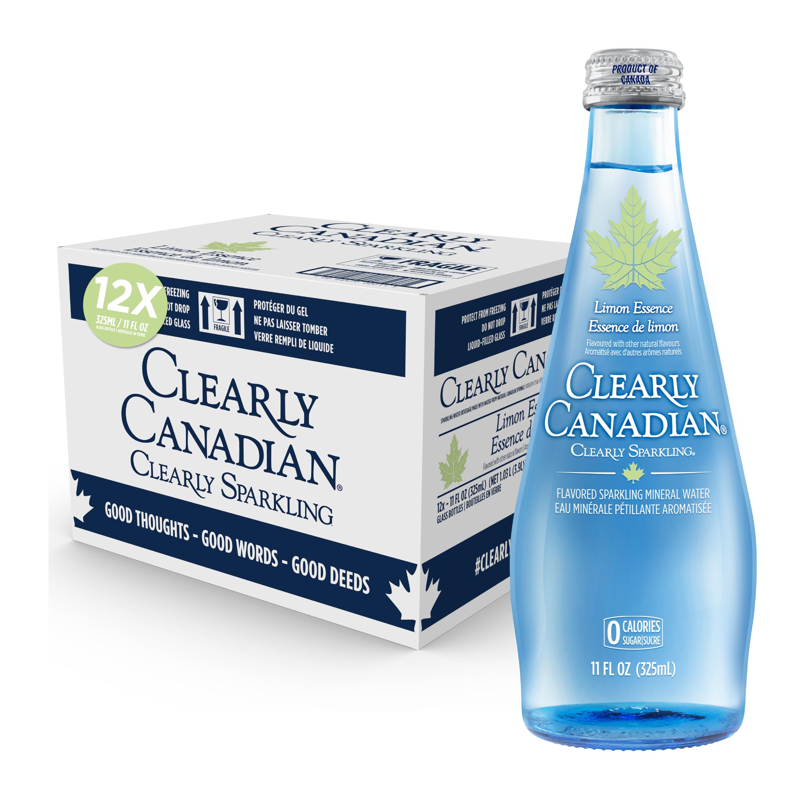 Clearly CanadianClearly Sparkling Limon Essence Unsweetened Flavored Sparkling Mineral Water, Zero Sugar & Zero Calories, 1 Case (12 Bottles x 325mL)