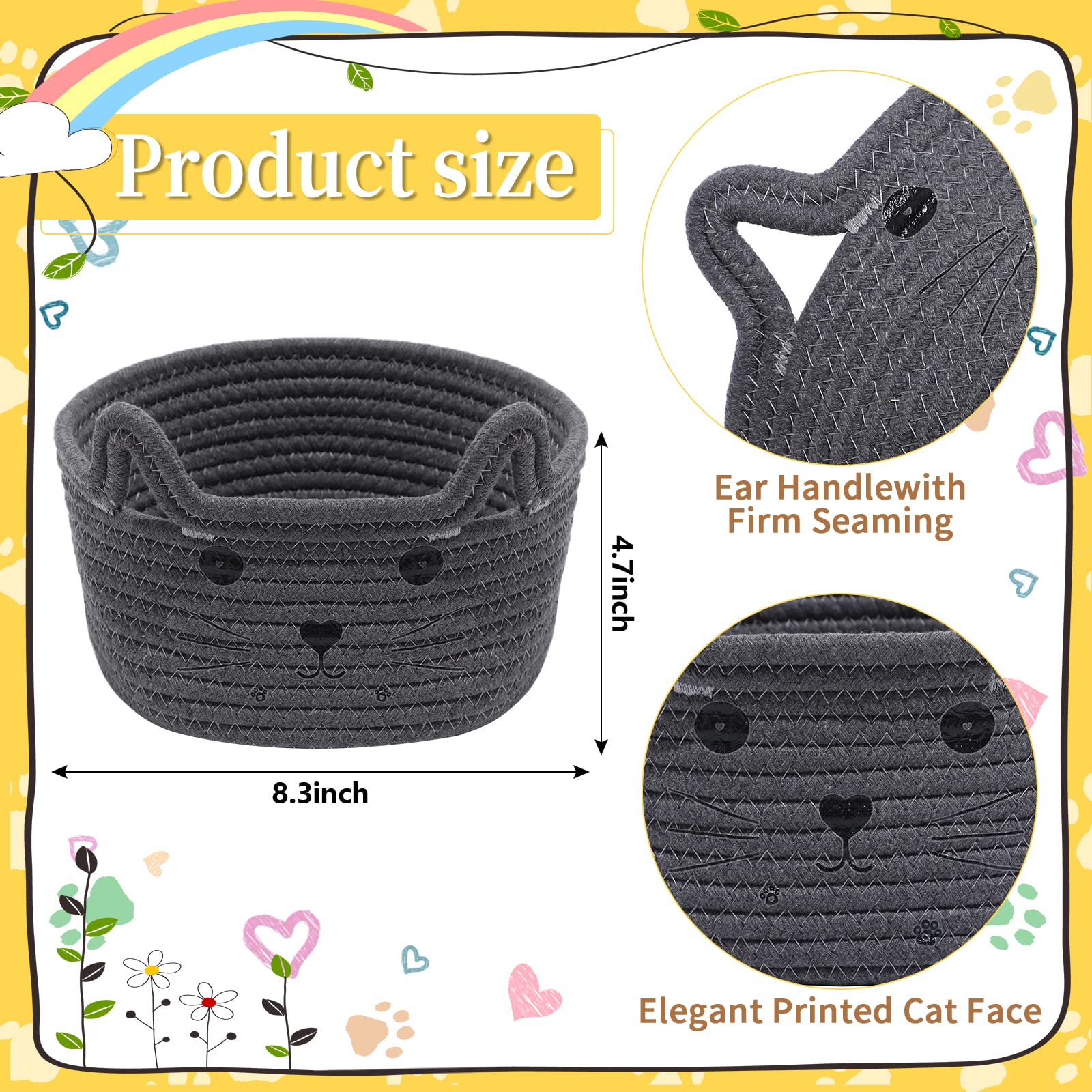 Panier De Rangement Mignon En Forme De Chat Avec Oreilles - Corde De Coton Décoratif Kaki 21x12cm, Idéal Pour Jouets, Chambre Enfant Et Animaux