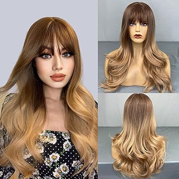 Adronitie Ombre Honey Blonde Wig with Bangs, Long Wavy Wigs for Women, Wispy Bangs Wig with Simulation Scalp, Elastic Net, Adjustable Straps Natural Looking Synthetic Wigs for Daily Party