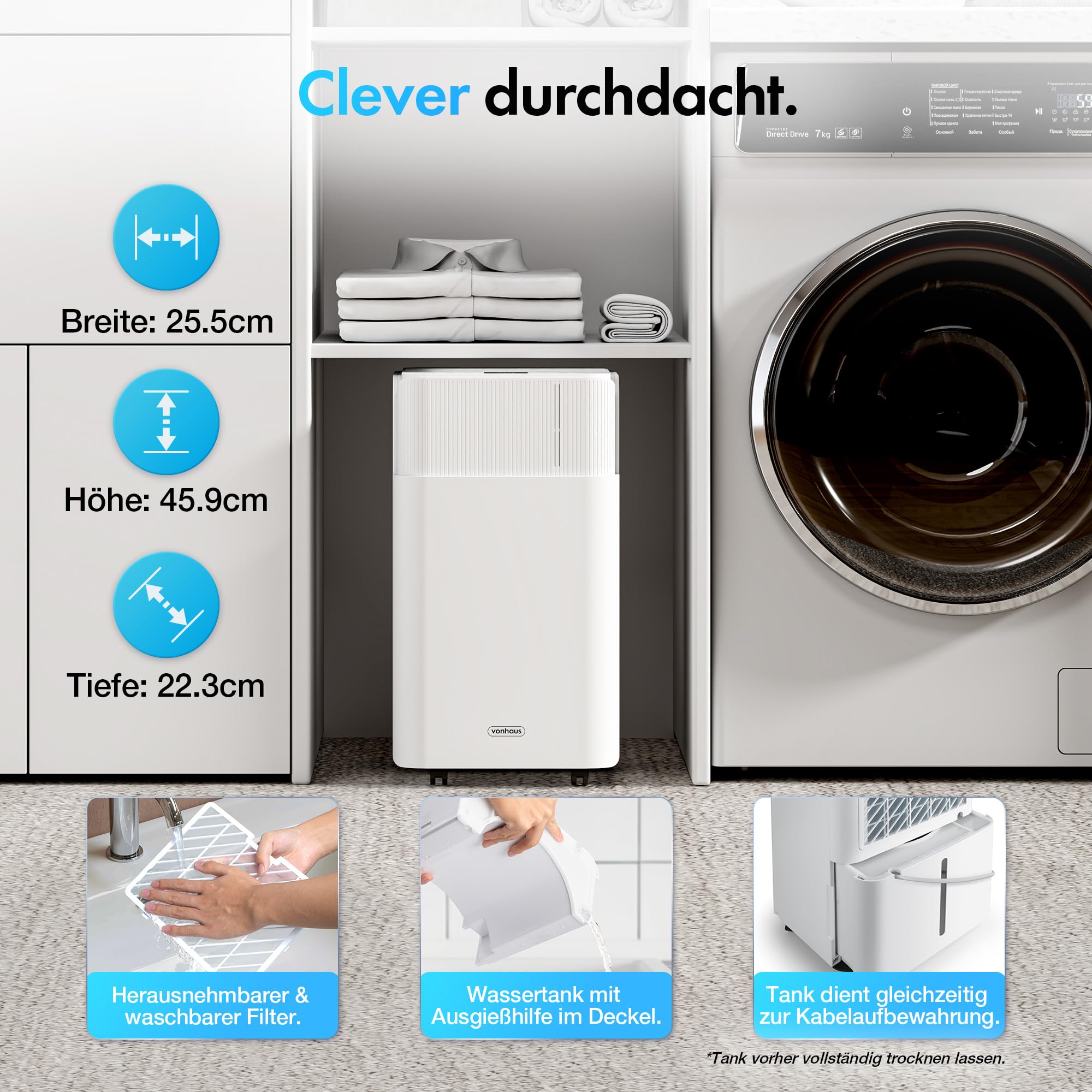 VonHaus Luftentfeuchter Elektrisch, 12L/24H, Entfeuchter für Keller, Raumentfeuchter Elektrisch 39dB für Räume bis zu 125m³/20m², mit Schlafmodus, Timer & Ablaufschlauch - Gegen Nässe und Schimmel