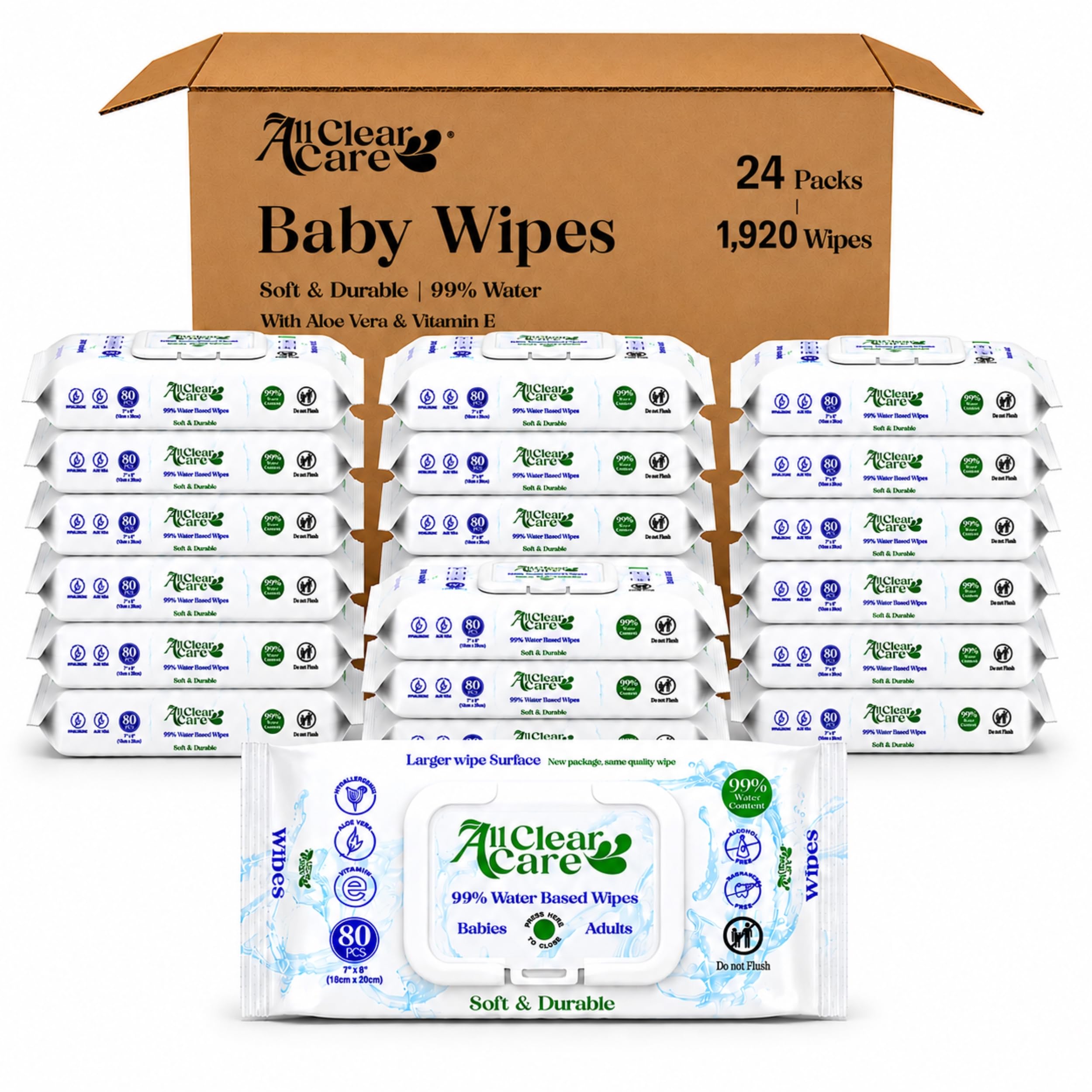 All Clear Care Toallitas húmedas para bebés a granel, sin perfume, tapa abatible (24 paquetes), 1920 unidades, piel sensible, hipoalergénicas, 99% de agua, superficie de limpieza grande, vitamina E y