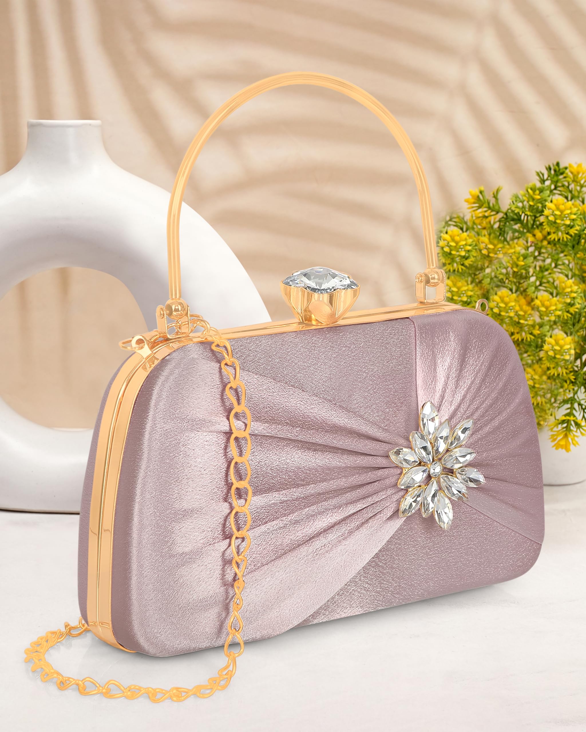 MISHA Radiance Flower Diamond Satin Clutch (ROSE GOLD) 4