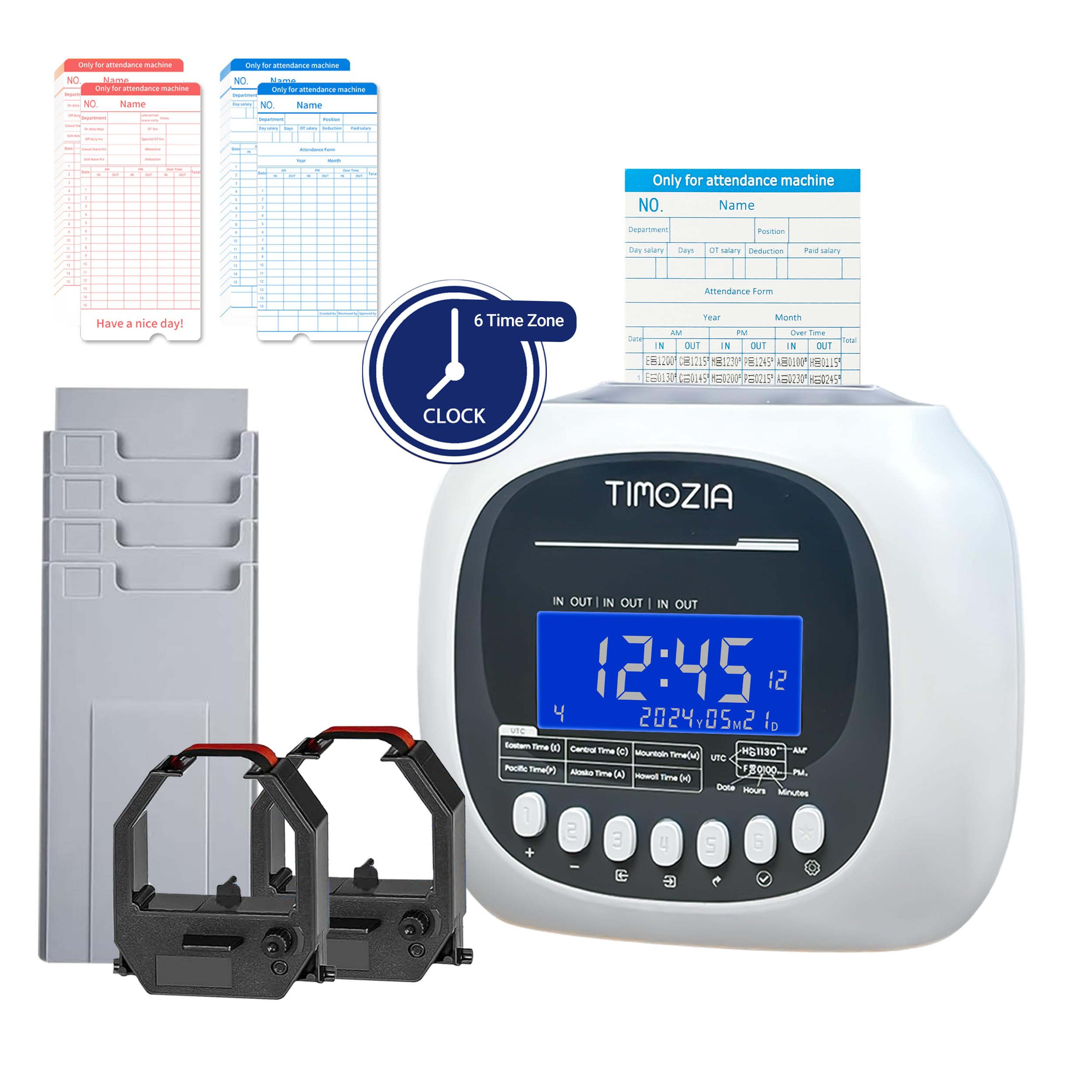 Time Clock for Employees Small Business, 6 U.S. Time Zones, Automatic Daylight Saving & Auto Time Update, Punch Card Time Recorder with 6 Punches Per Day-100 Time Cards and 2 Ribbons