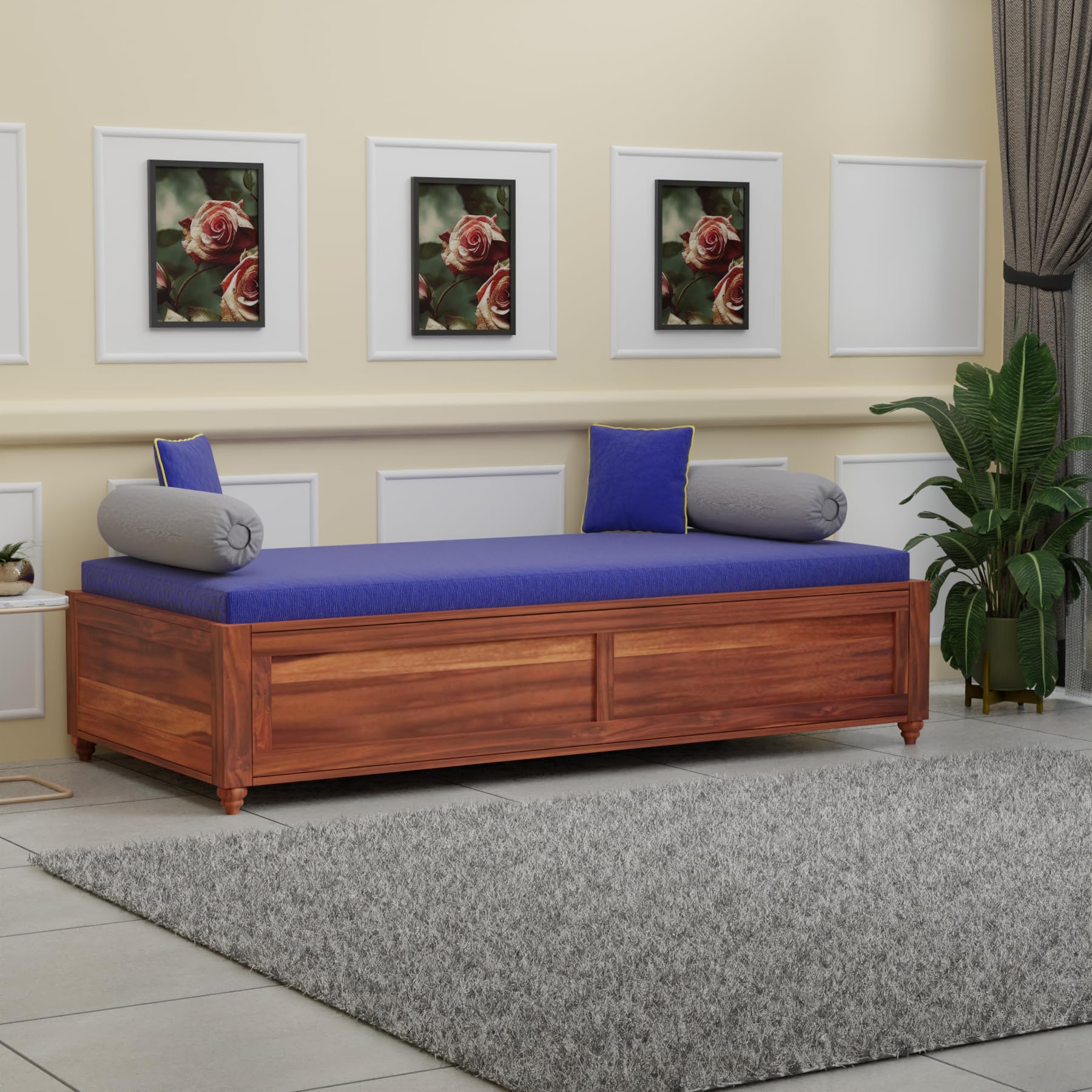 WOODTREND Solid Sheesham Wood Diwan Bed with Storage, 3 Seater Sofa Couch, Divan Cot for Home Hall Divan Bed for Living Room, Without Mattress and Without Pillow - Honey Finish