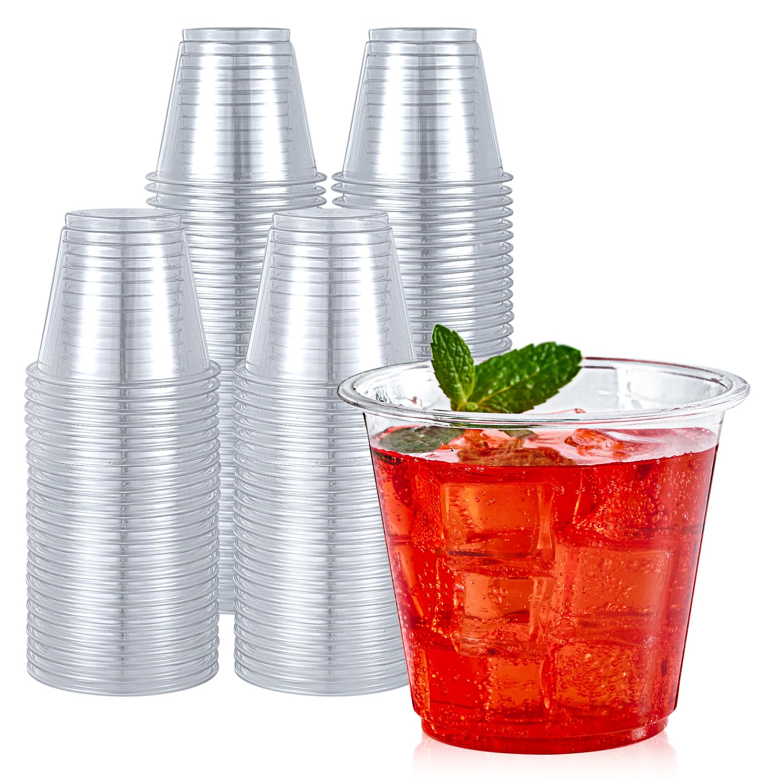 Turbo Bee 100 Pack 9oz Clear Plastic Cups,Disposable Crystal Drinking Cups,PET Plastic Party Cups for Wine,Juice,Iced Coffee and Cold Drinks