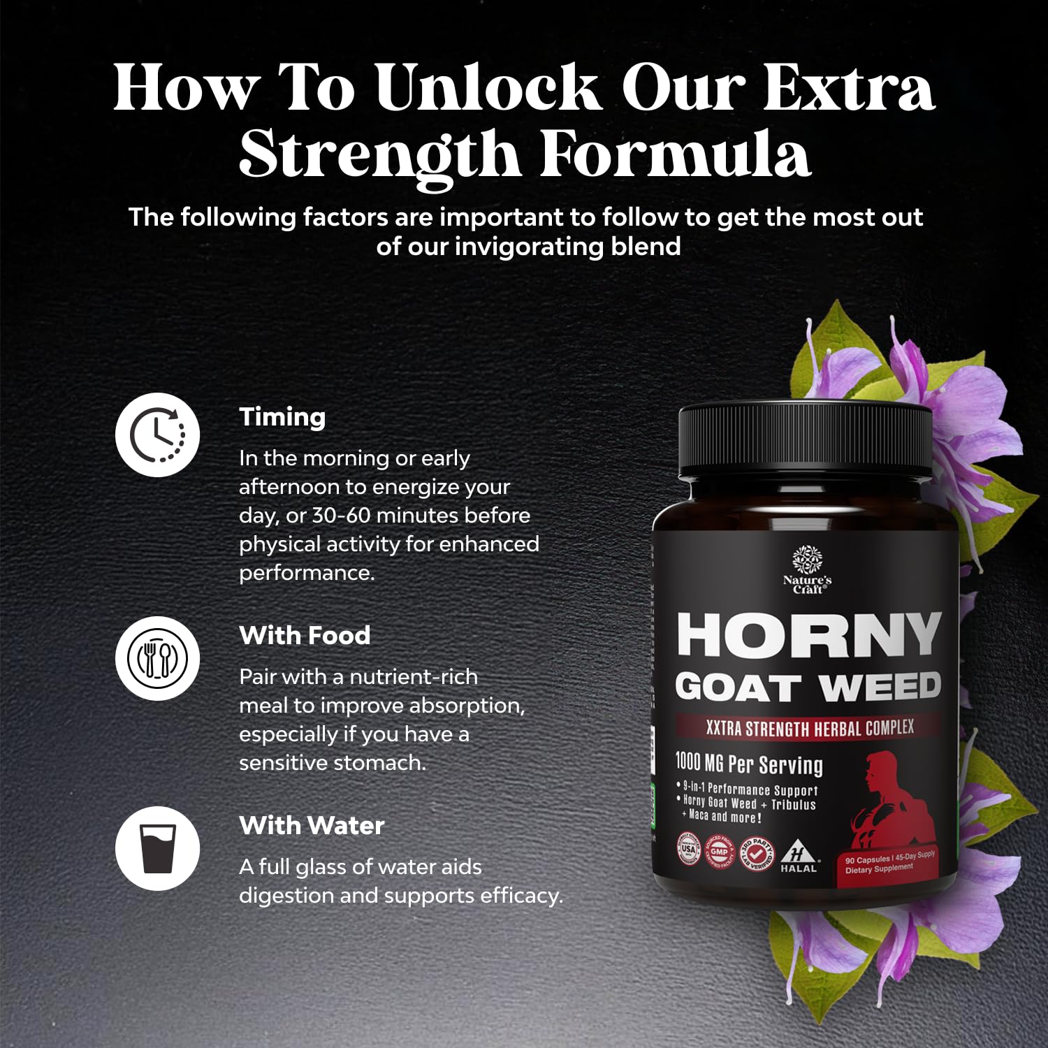 Natures Craft Horny Goat Weed for Men - Extra Strength Male Supplement with Black Maca Root, Tongkat Ali, Saw Palmetto & Panax Ginseng Extract for Stamina & Energy - 90 Capsules