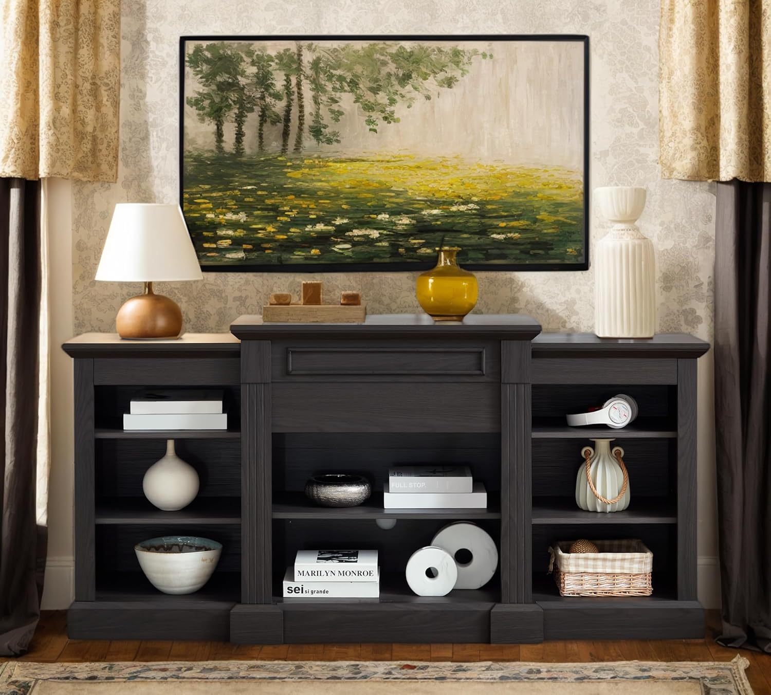 Modern TV Stand with Large Storage, Wooden 66" W Entertainment Center for TVs up to 75", Mid-Century Media Stand for Living Room (Black, Large Storage)