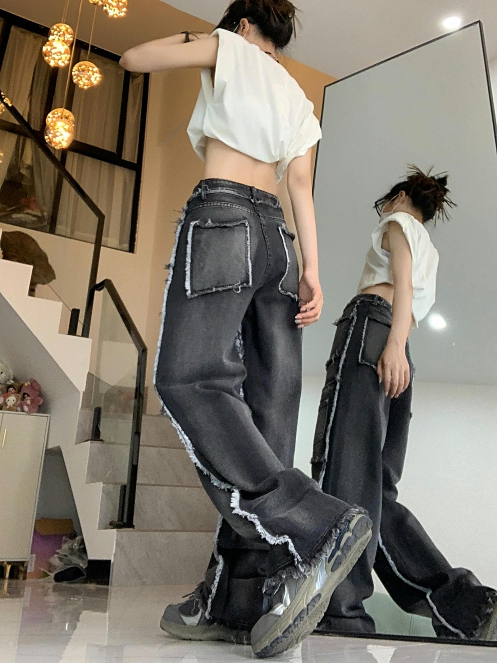 Pantaloni Cargo retrò per Donna Autunno Nuovi Pantaloni Jeans Casual a Vita Alta per Donna Moda Coreana Pantaloni Neri Jeans Donna-Nero Grigio-M