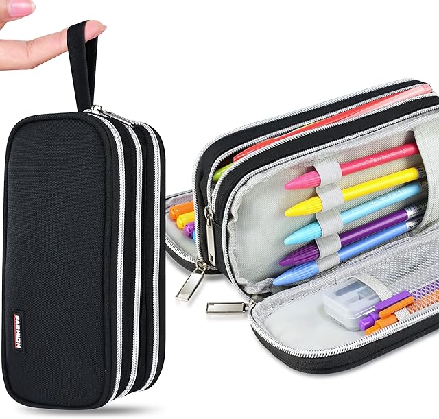 Vakoo Pencil Case, Big Capacity Pencil Pouch with 3 Compartments, Stationery Storage Box Makeup Bag School Office Supplies for Girls, Boys, Teenagers, Students - Black