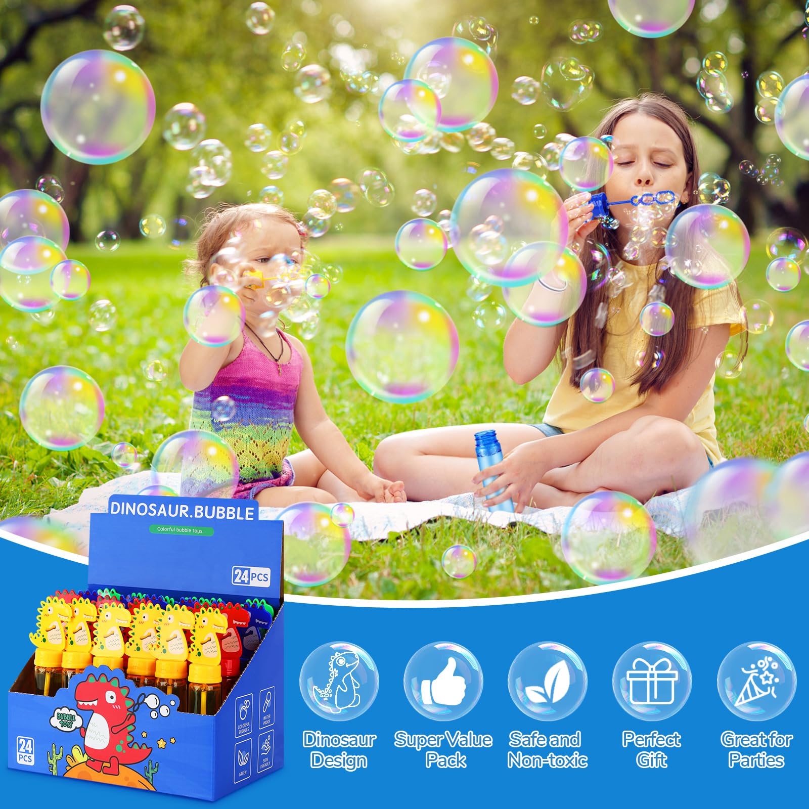 Ucradle 24 Stück Seifenblasen Set für Kinder - Dinosaurier Seifenblasen Stäbe Spielzeug mit 35ml Seifenblasen Nachfüllflasche, Bubble Sticks Geschenke für Hochzeit Party Mitgebsel Kindergeburtstag