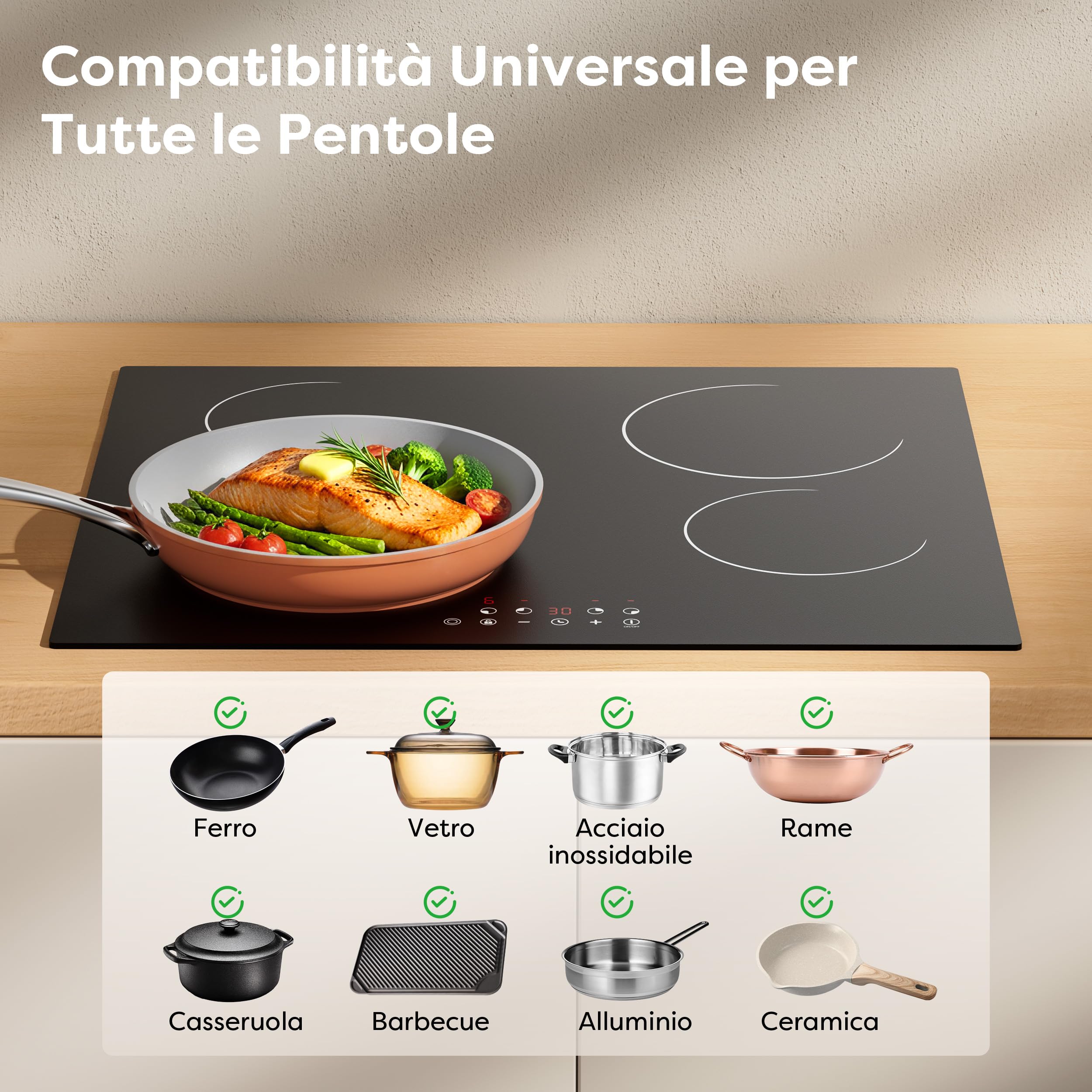 CDV Piano Cottura Vetroceramica 4 Fuochi 6400 W Doppia Zona | Piano 60 cm da Incasso con Doppia Zona, 9 Livelli, Timer 99 Min, Blocco Bambini e Spegnimento Automatico