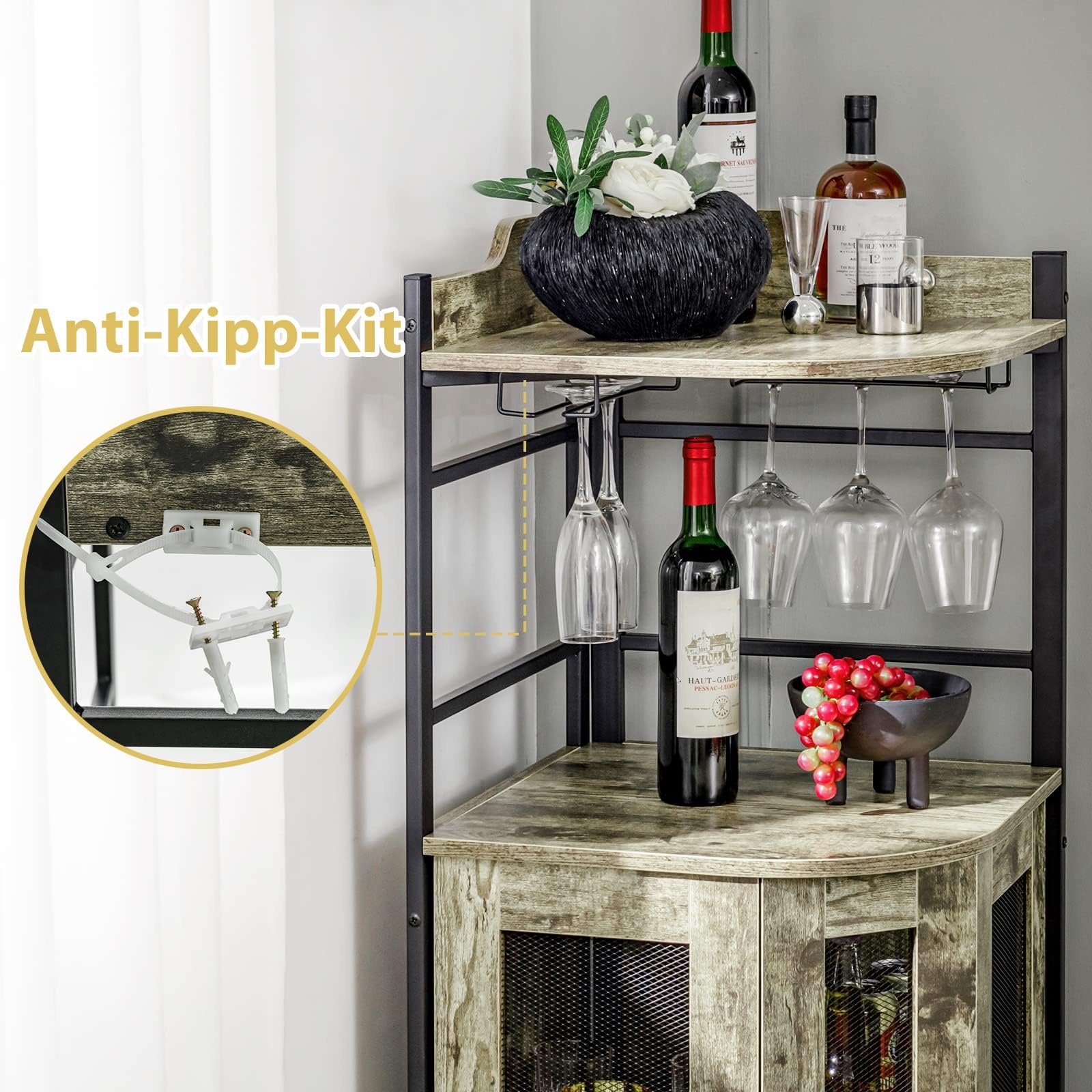 FANTASK Weinschrank Eckschrank, Barschrank Industrial mit Glashalter, Küche Hausbar aus Metallrahmen für Küche, Wohnzimmer, Esszimmer, 46 x 46 x 130 cm (Hellbraun)