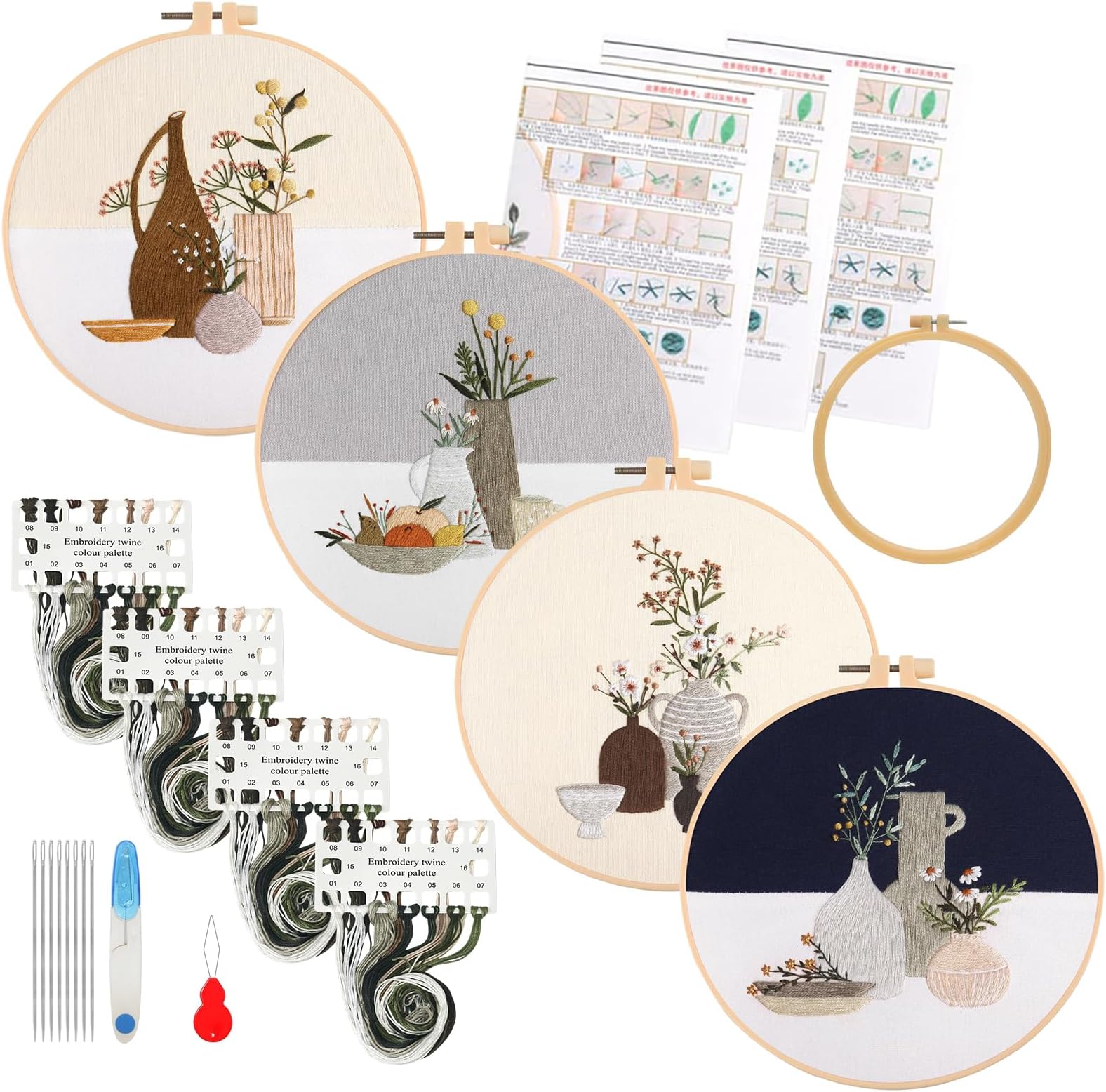 Maydear 4 Pack Embroidery Starter Kit with Pattern, Stamped Cross Stitch Kits for Beginners Adults with Embroidery Hoop and Instructions, Hand Embroidery Kit