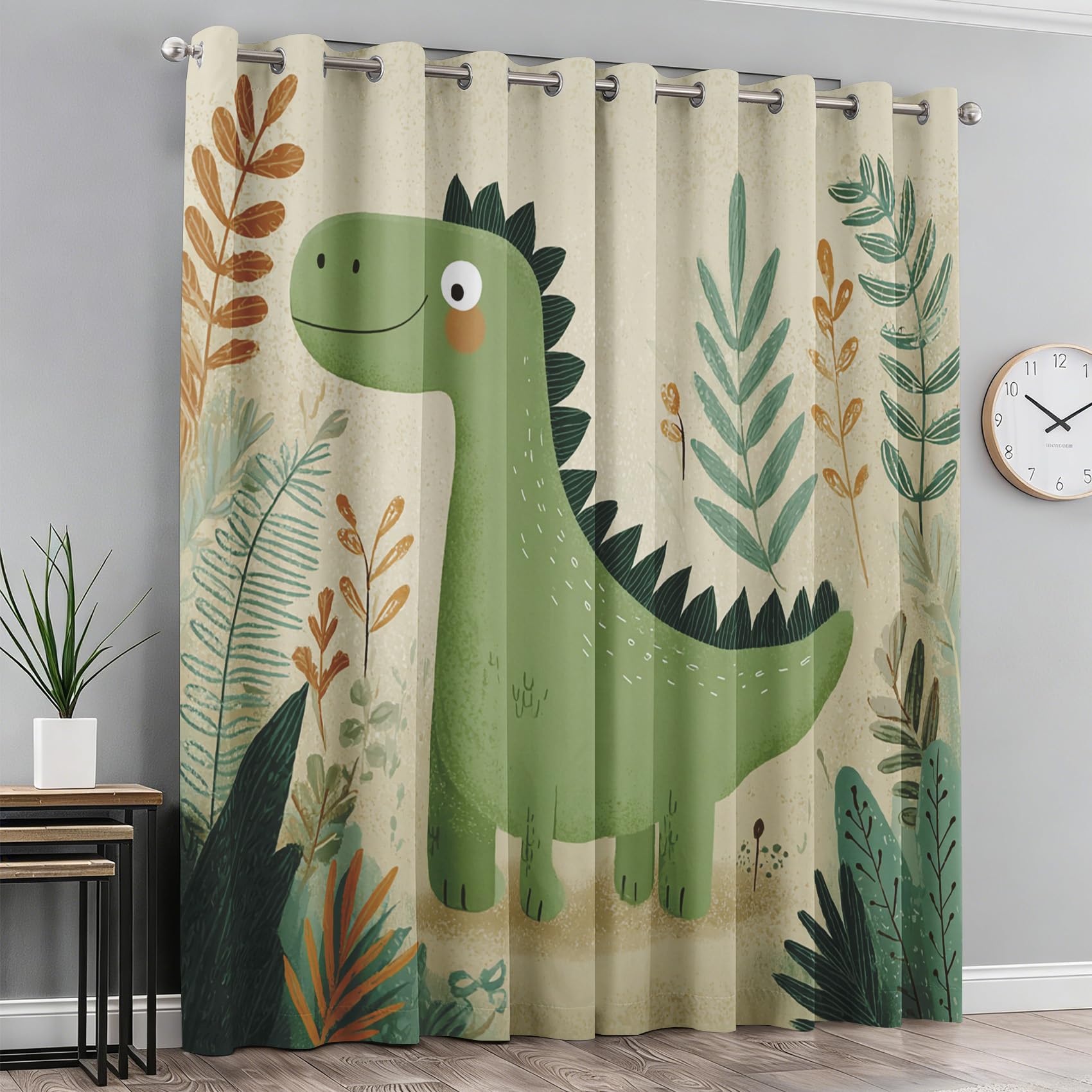Générique Lot de 2 Rideau Occultant Dinosaure, Rideau Isolant Thermique à Oeillets pour Salon Chambre Cuisine Fenetre, Motif Feuilles Dinosaure Mignon Enfant, 140x220 cm (LxH)