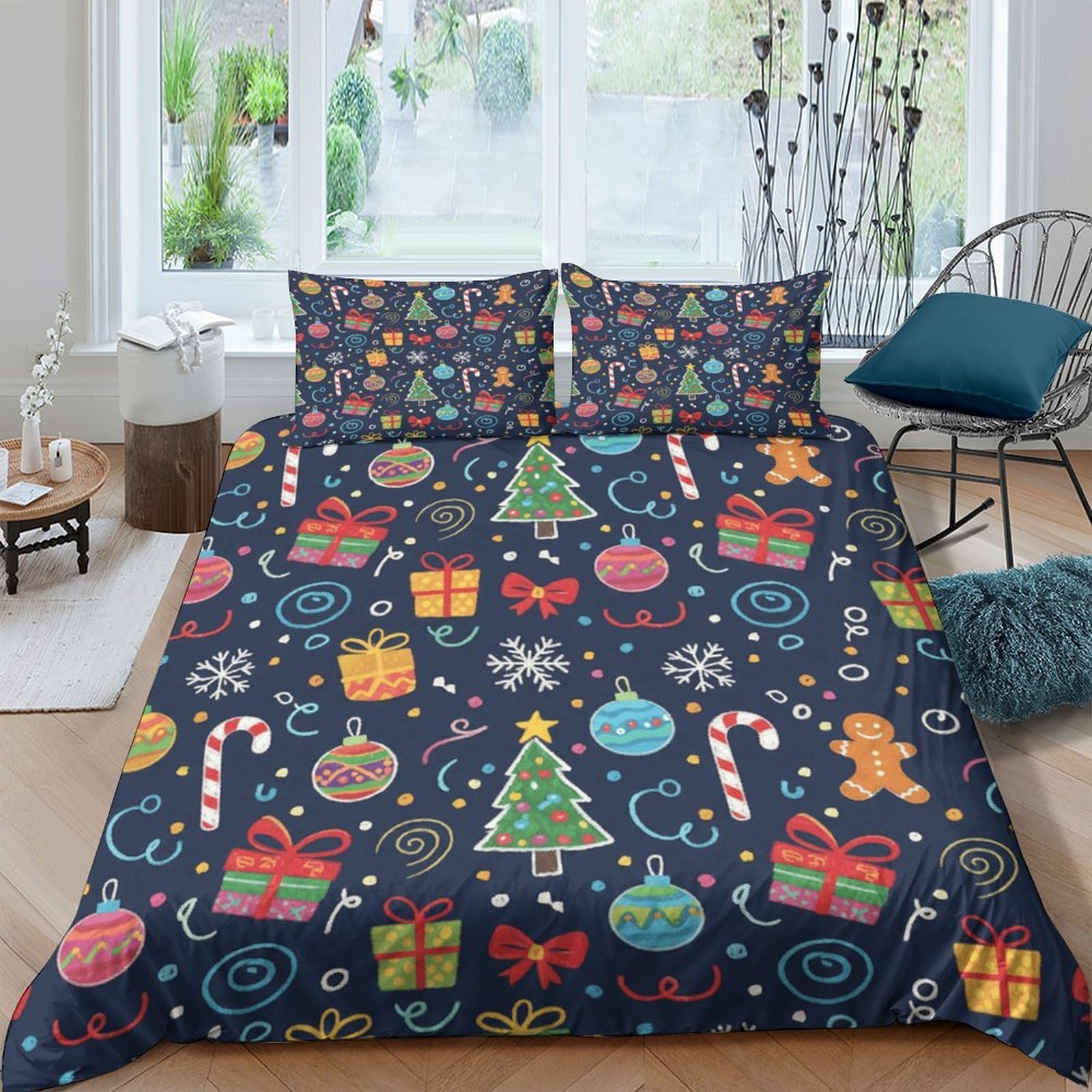 P5V6M1Q9 3D Printed Christmas Tree Duvet Cover Microfiber Soft Festive Gift Pattern Bedding Set with 2 Pillowcases, Breathable for Bedroom Decor Single（135x200cm）