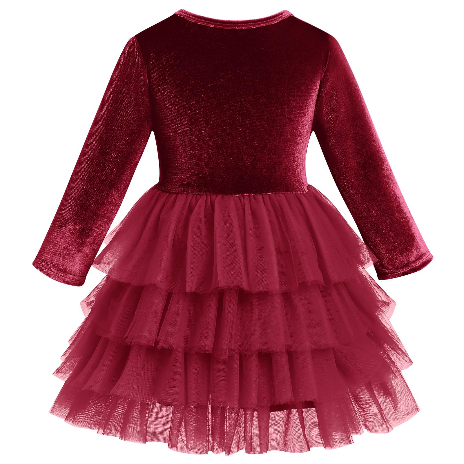 AFAVOM Toddler Baby Girls Fall Winter Velvet Dress Kids Long Sleeve Christmas Birthday Party Ruffle Tulle Tutu Dresses Princess Pageant Flower Girl Wedding Casual Gown Clothes Wine Red 5-6 Years