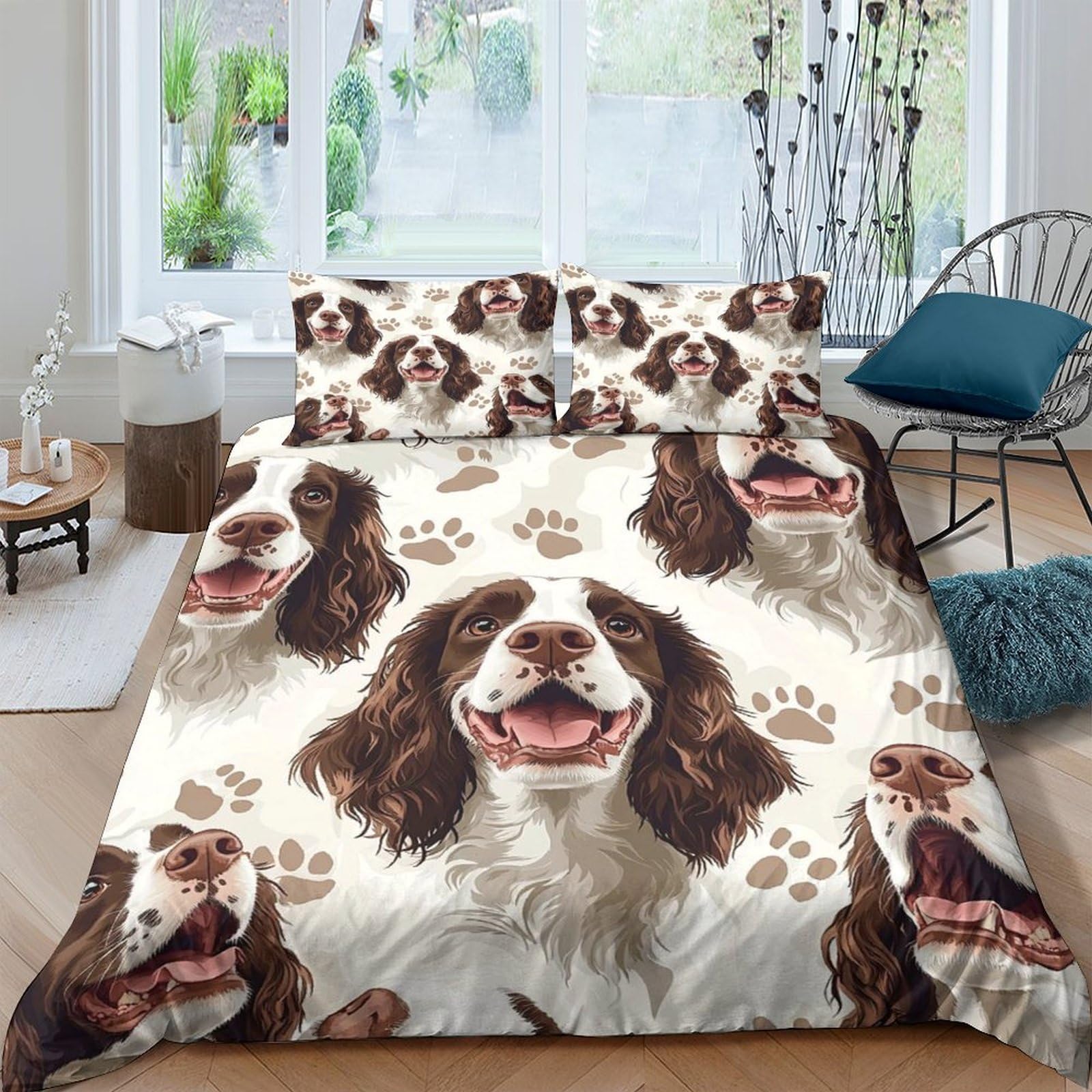 Ctjqhvkz Style-8 3D Printed Springer Spaniel Dog Fitted Sheet Microfiber Soft Anti-Slip Paw Print Mattress Cover For Bedroom Guest Room Decor Single（135X200cm）