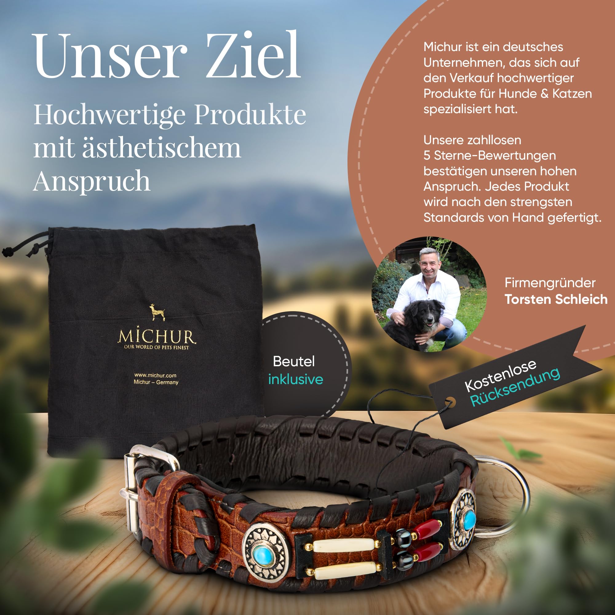 MICHUR Carlota Halsband Indianer, Hundehalsband Leder Braun, Lederhalsband  Hund, Halsband, MIT TRKISEN Steinen, in verschiedenen Gren erhltlich :  Amazon.de: Haustier