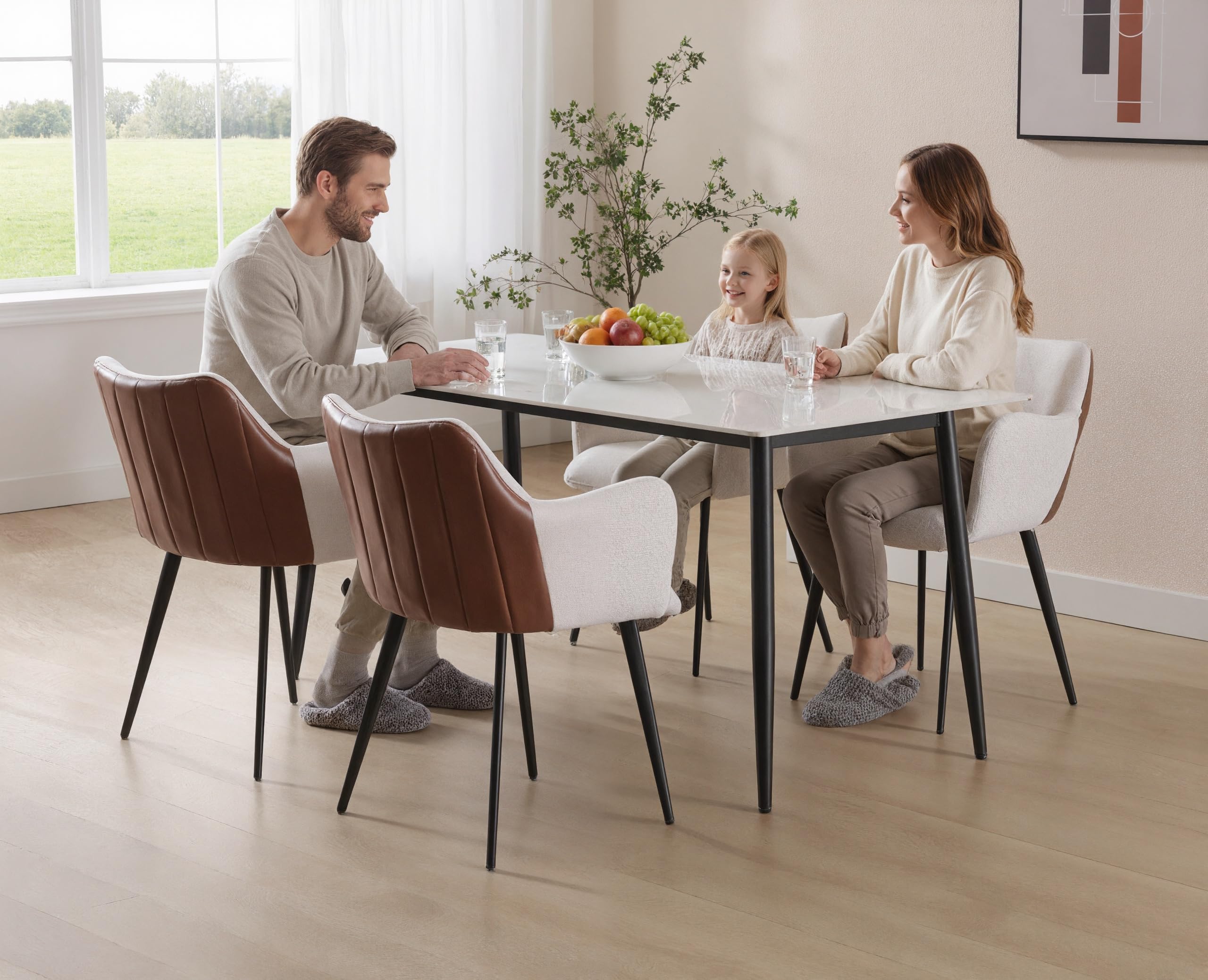 chairus Juego de 2 Sillas de Comedor Cuero PU y Lino Silla para Cocina con Brazos, Sillas Modernas con Patas de Metal para Salón/Restaurante, Beige