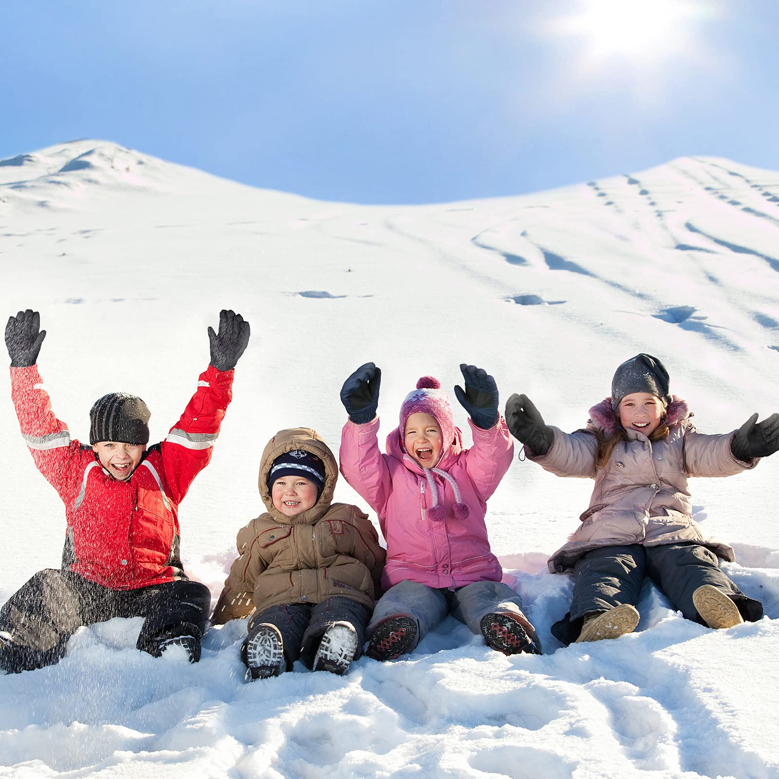 2 Paires Gants de Ski d'Hiver pour Enfants Mitaines de Neige à Doigts Complets Imperméables (Noir et Bleu Marine, 3-6 ans)