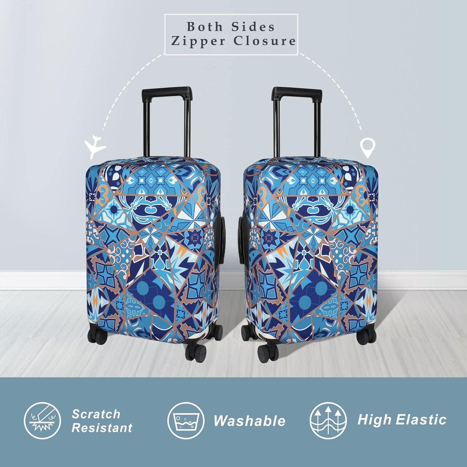 Explore Land Travel Luggage Cover Suitcase Protector Fits 18-22 Inch Case (Portuguese tiles, S) S Portuguese tiles
