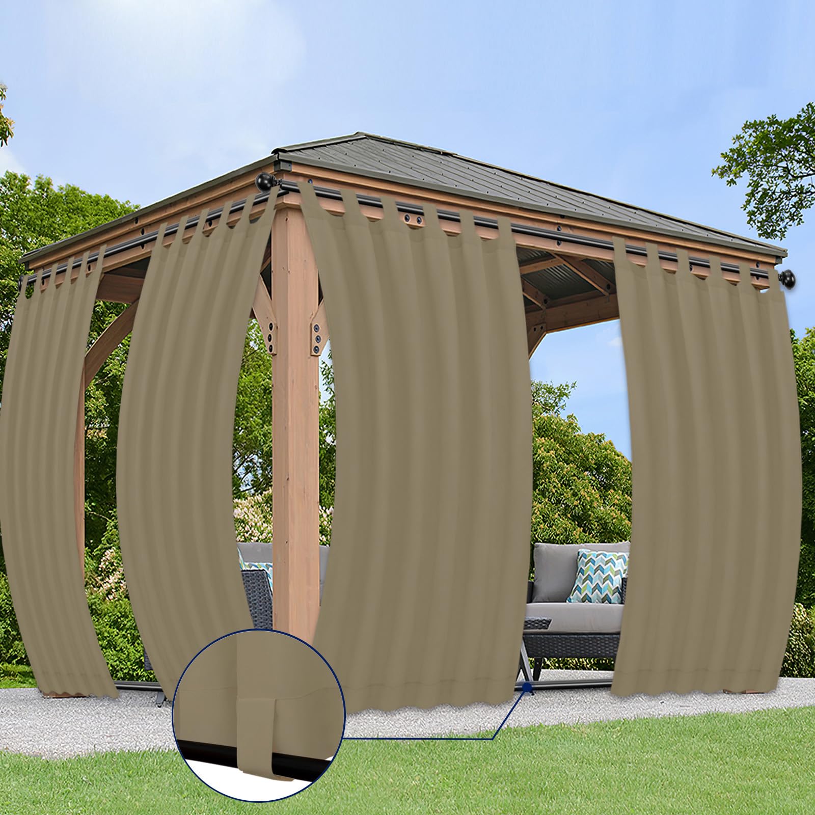 PureFit Outdoor Curtains for Detachable Sticky Tab Top Patio Waterproof/Weatherproof, UV and Fade Resistant Outside Curtains for Gazebo, Porch,